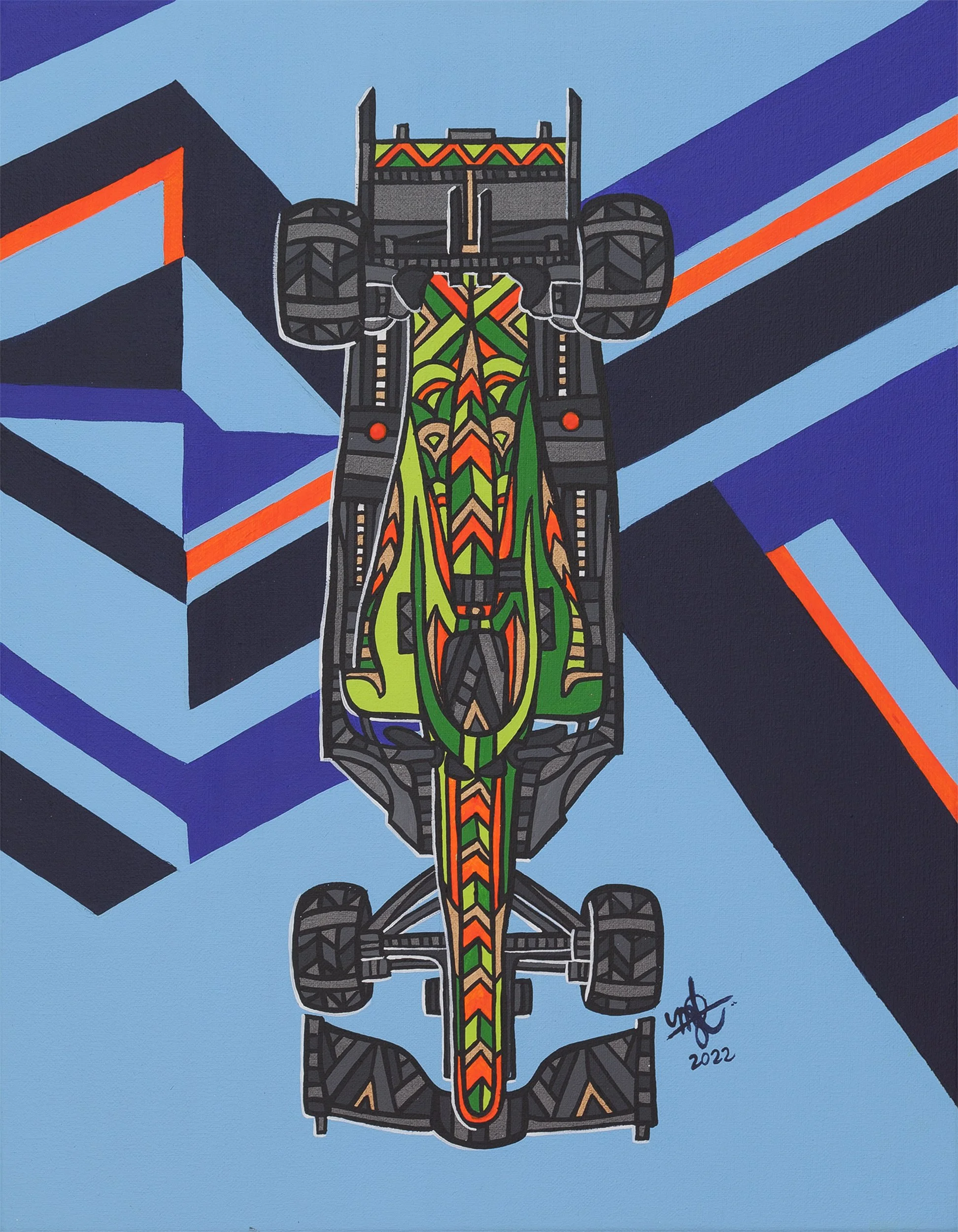An artistic painting of a race car with vibrant, intricate tribal-style patterns in red, green, orange, and black on a blue background with geometric shapes.
