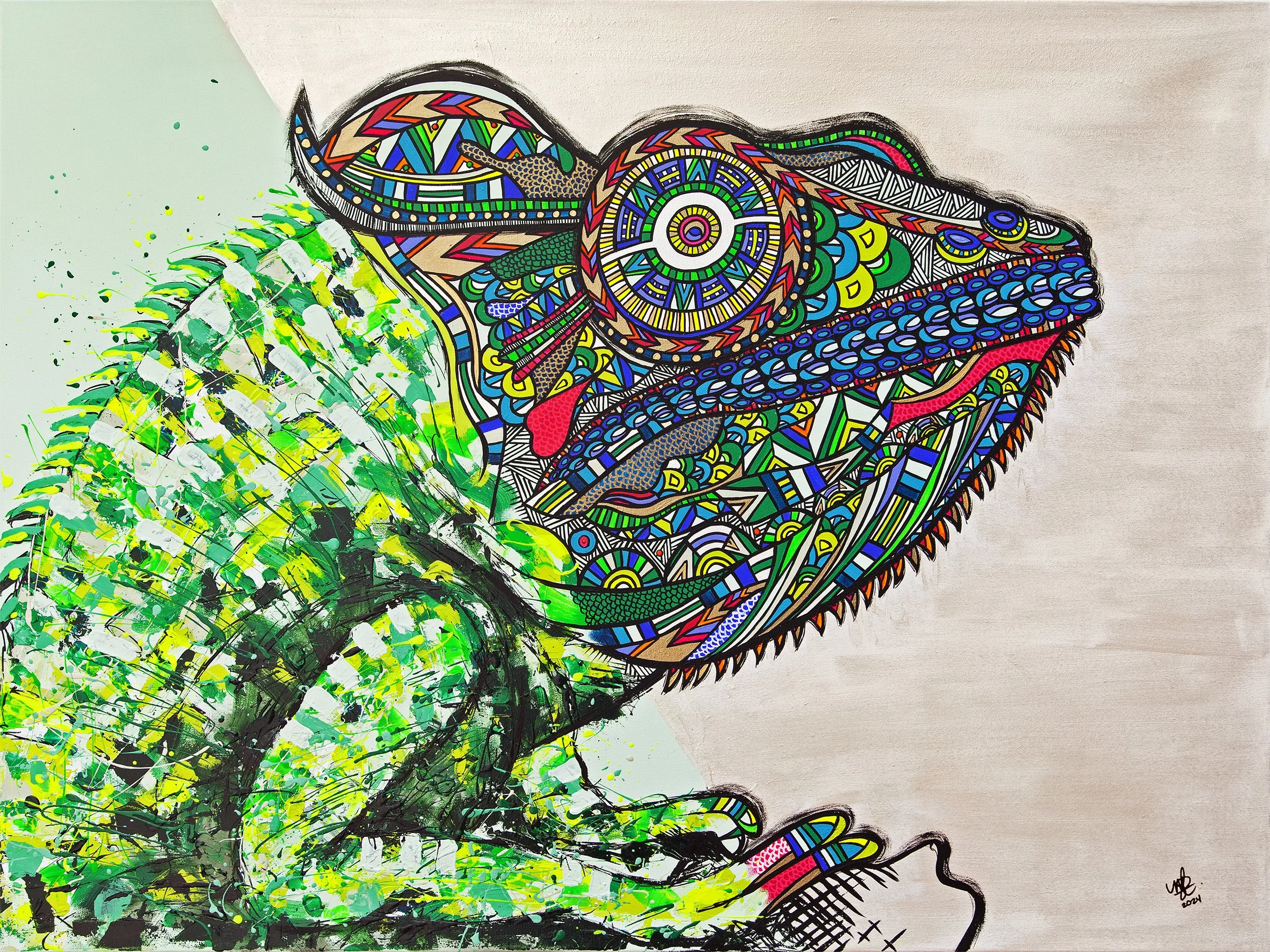 Colorful, abstract drawing of a chameleon with intricate patterns on its body and head, holding a green leaf.