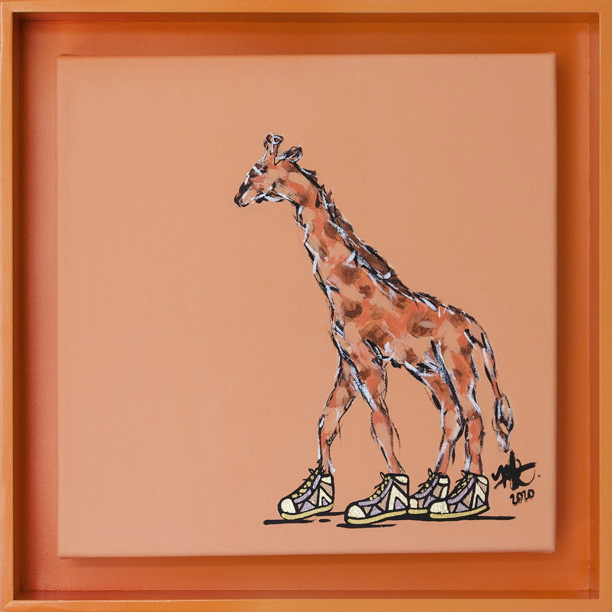 Painting of a giraffe wearing sneakers, standing on a pink background within an orange frame.