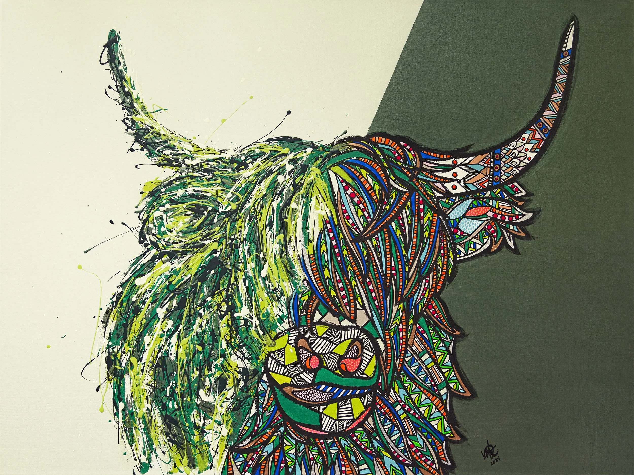 Colorful abstract painting of a lion's face with tribal patterns and a green mane, on a background divided into white and dark green sections.
