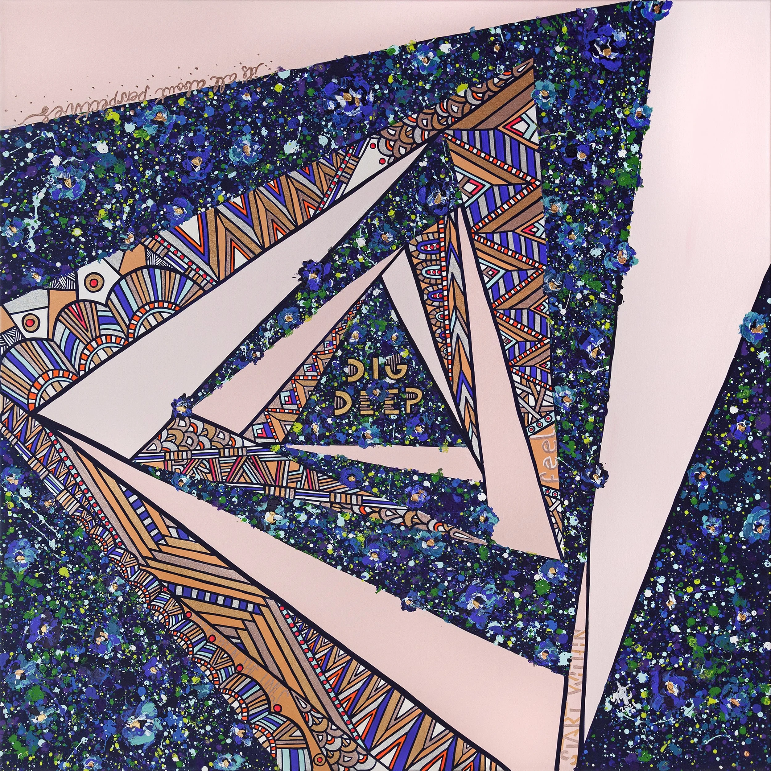 Abstract geometric painting with triangular patterns in blues, browns, reds, and whites, against a light pink background, with the words "DIG DEEP" in the center.