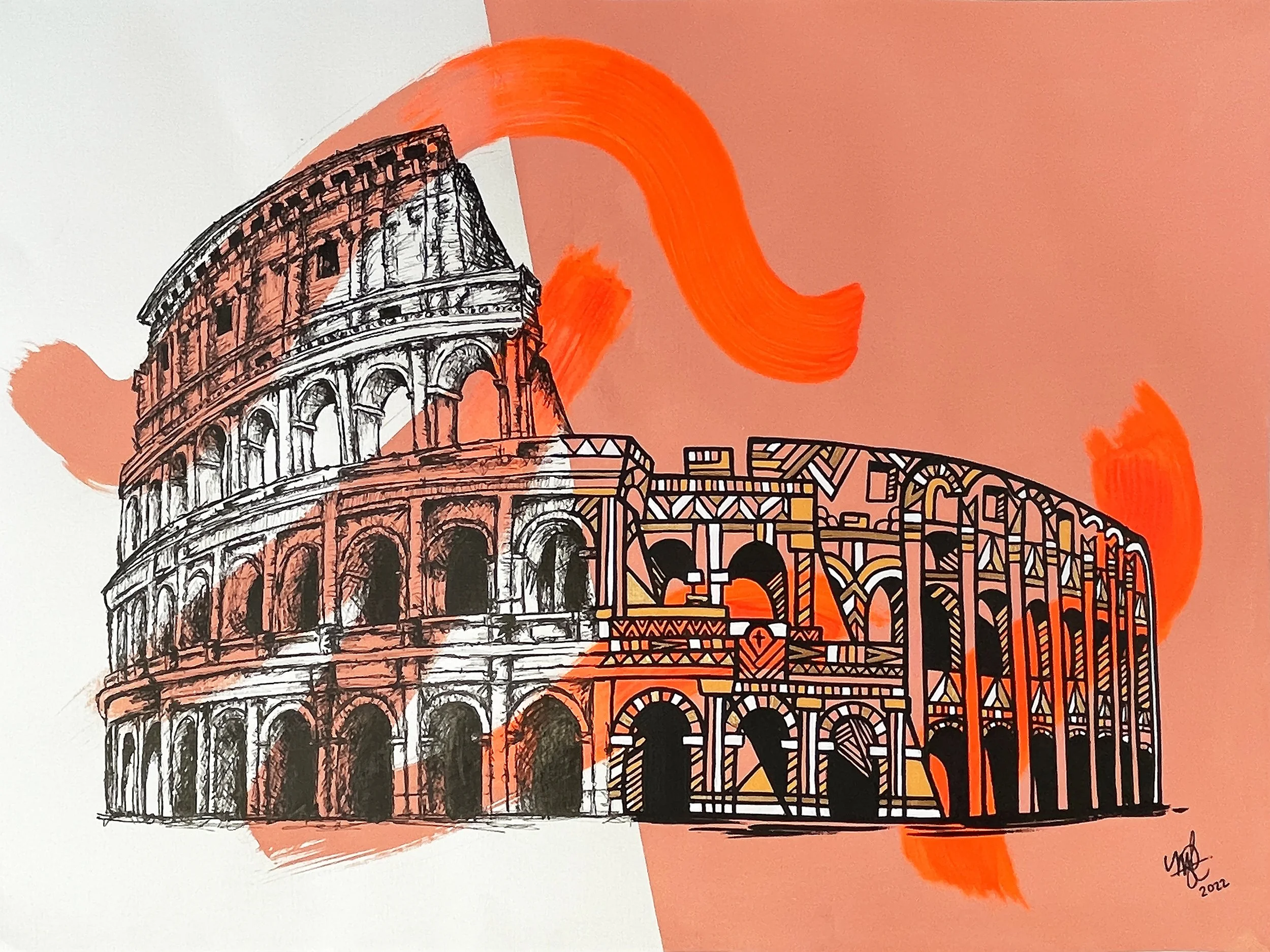 Illustration of the Colosseum in Rome with abstract orange brush strokes in the background.