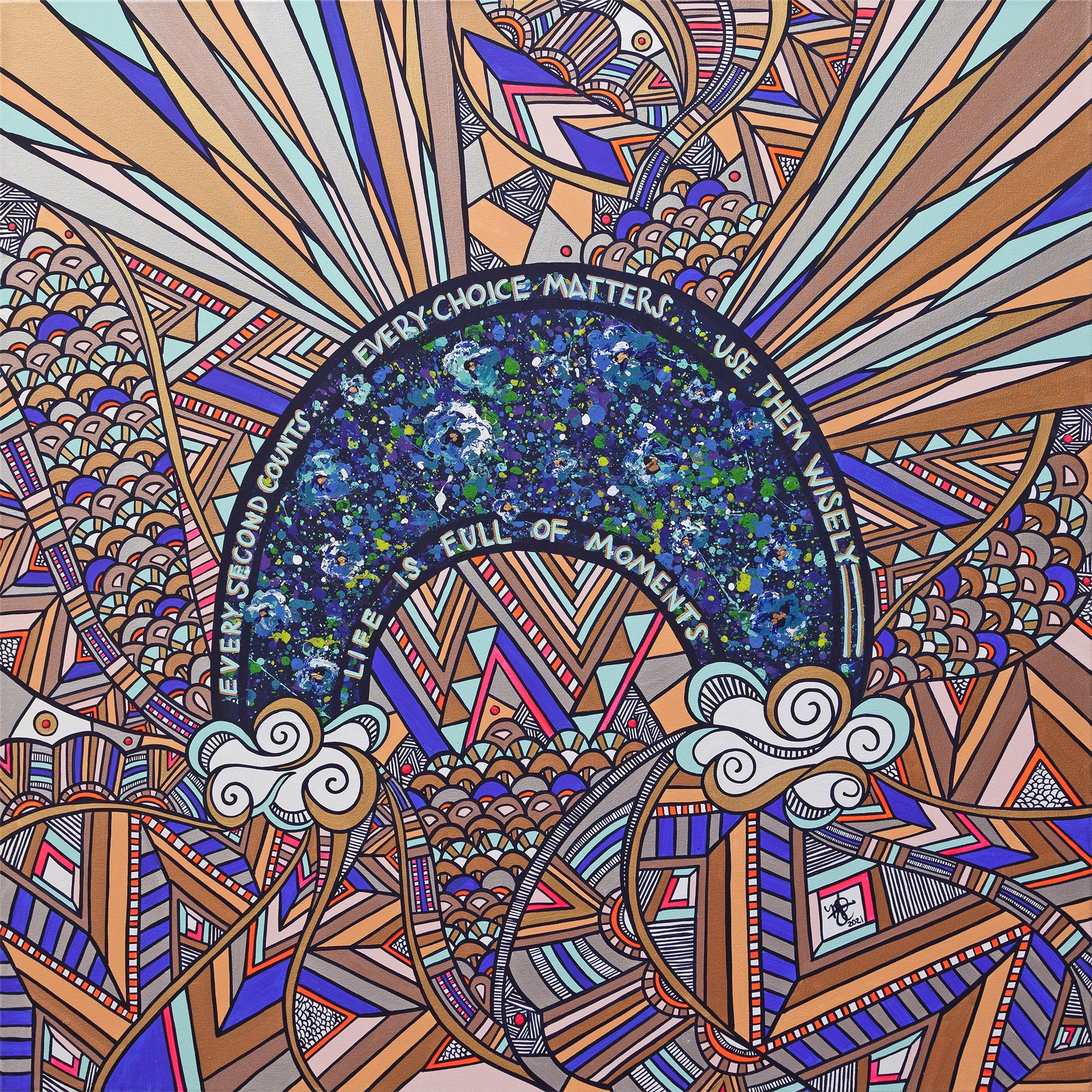 Colorful abstract mural with intricate geometric patterns, clouds, and stars, featuring a circular quote that reads: 'Every second, every choice matters. Use them wisely. Life is full of moments.'