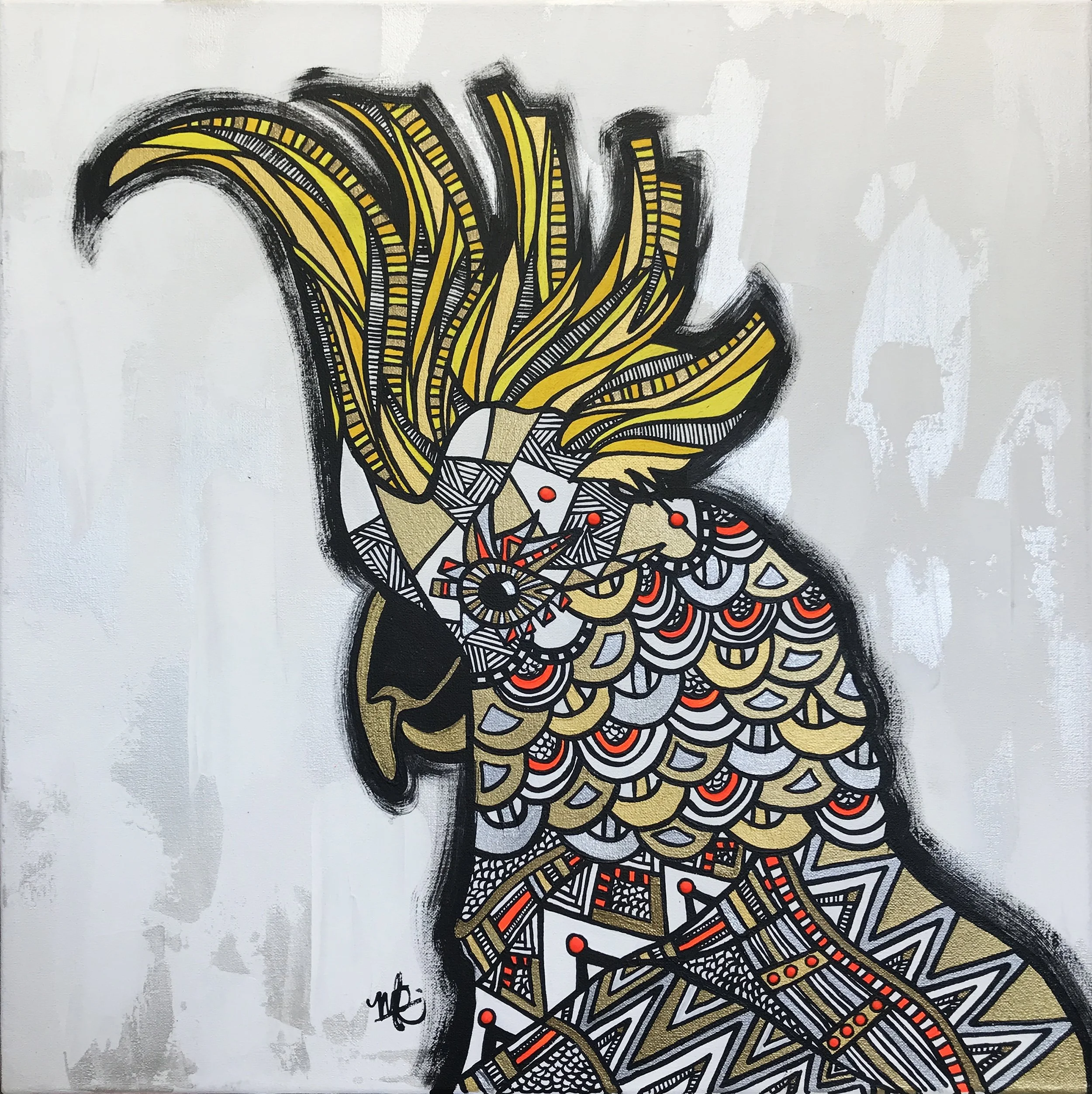A stylized abstract art of a rooster with black, gold, white, red, and gray details, and a black outline.