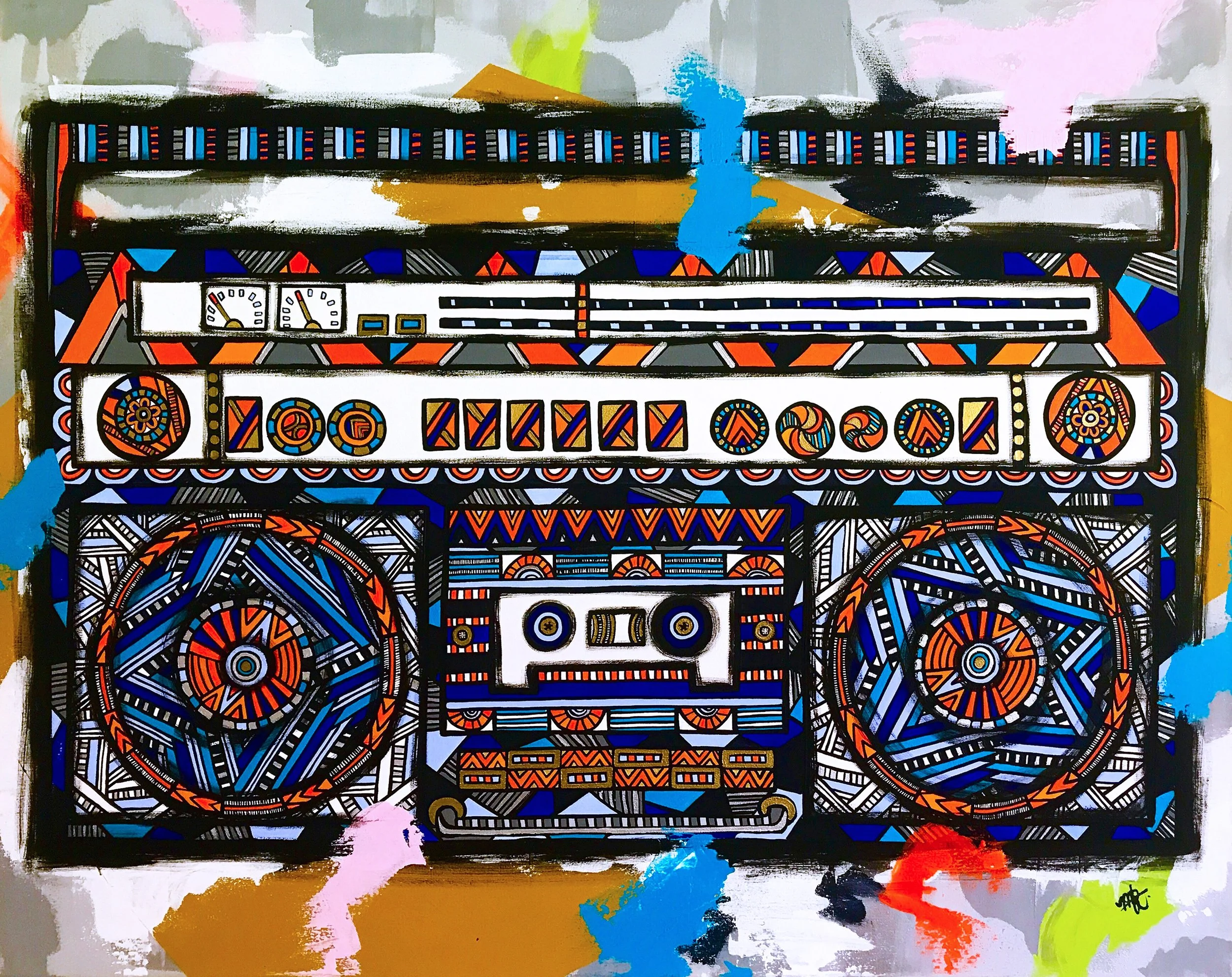 A colorful abstract painting of a vintage boombox decorated with intricate geometric patterns in red, orange, blue, white, black, and yellow, with a background of splattered paint in pastel and bold colors.