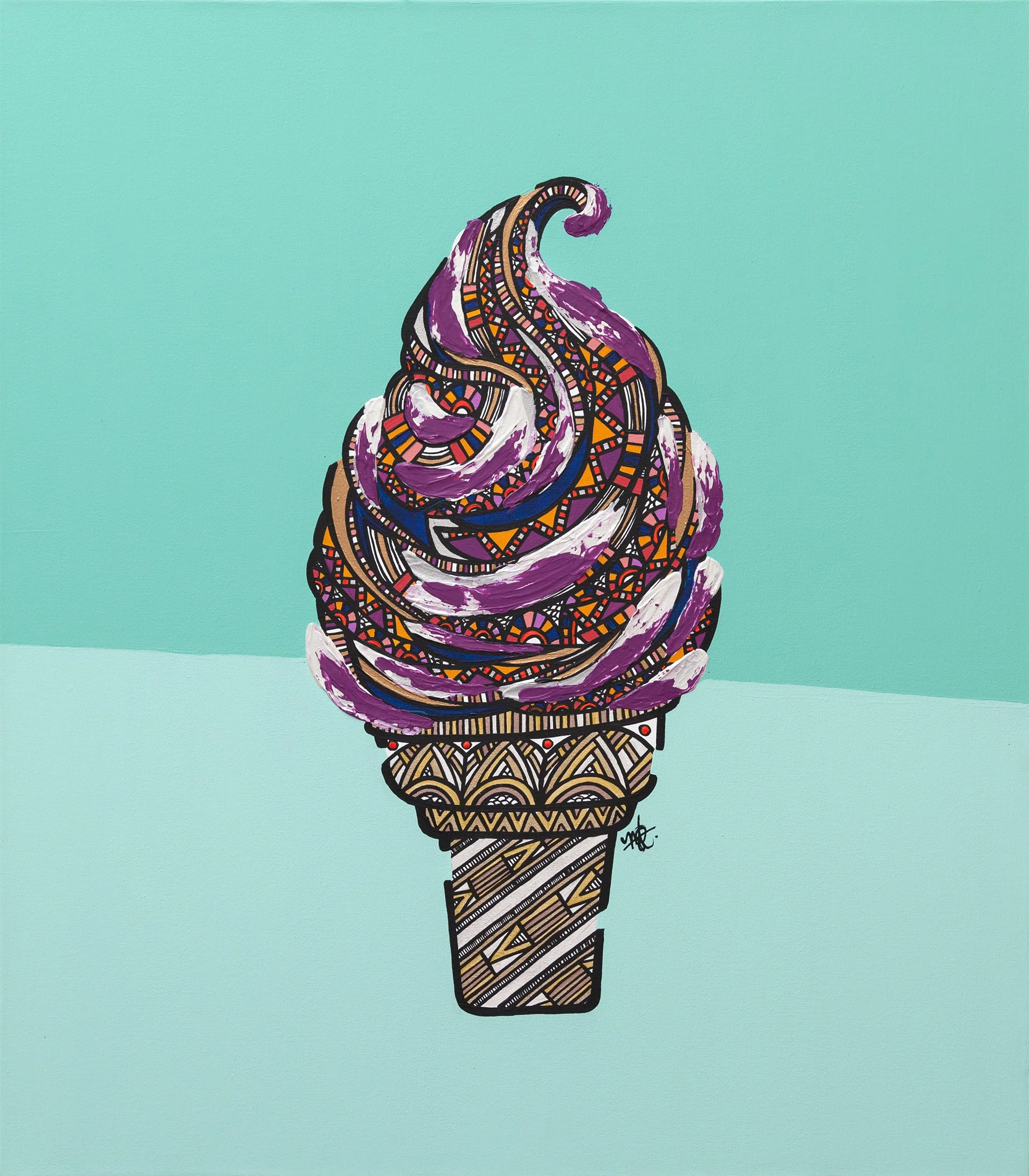 A colorful, abstract painting of an ice cream cone with swirled ice cream, featuring intricate patterns and bright colors, set against a two-tone teal background.