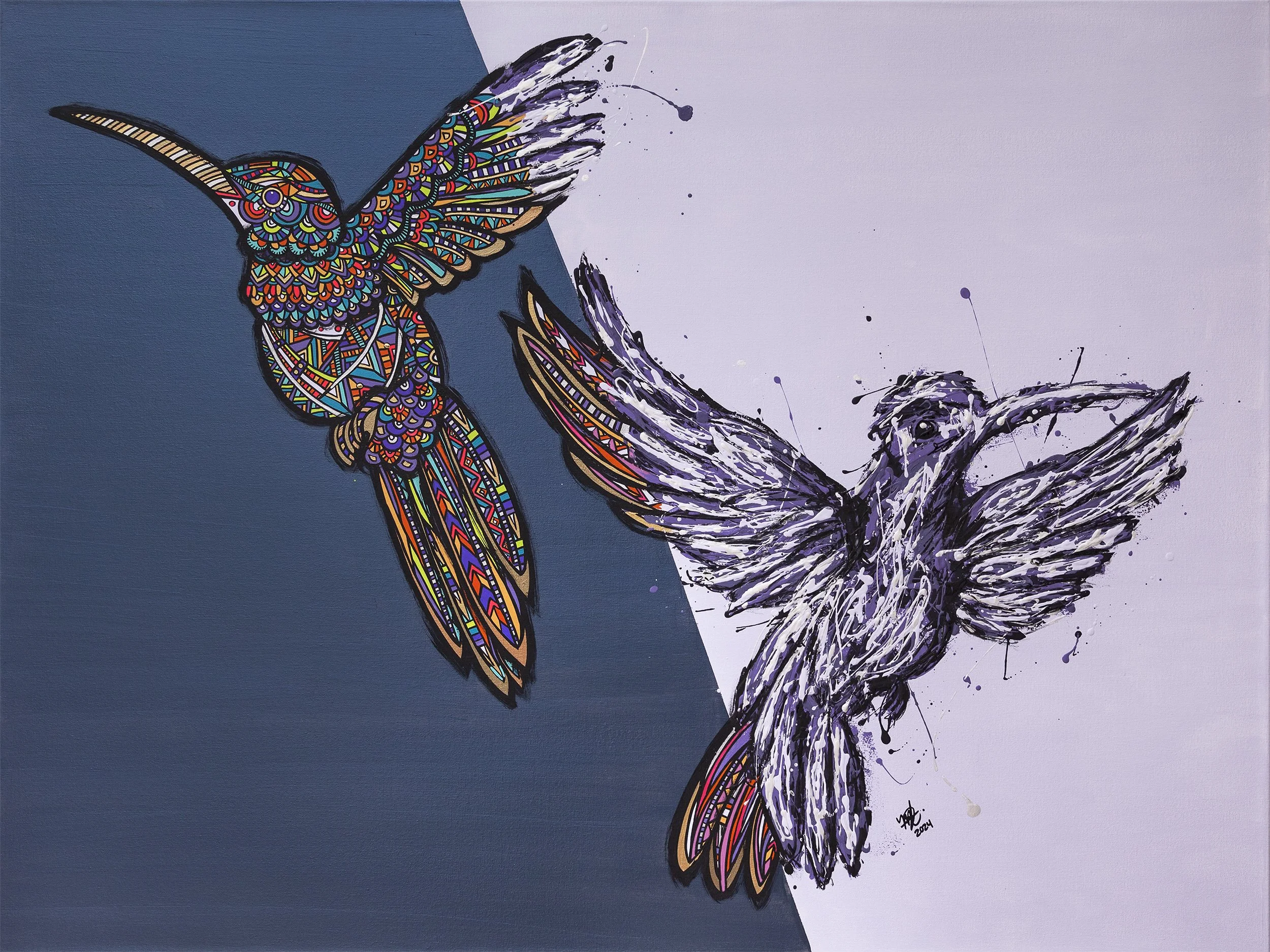 An artistic painting of two hummingbirds in flight, with one brightly colored using intricate, geometric patterns on a navy blue background, and the other rendered in monochrome with expressive brush strokes on a light lavender background.