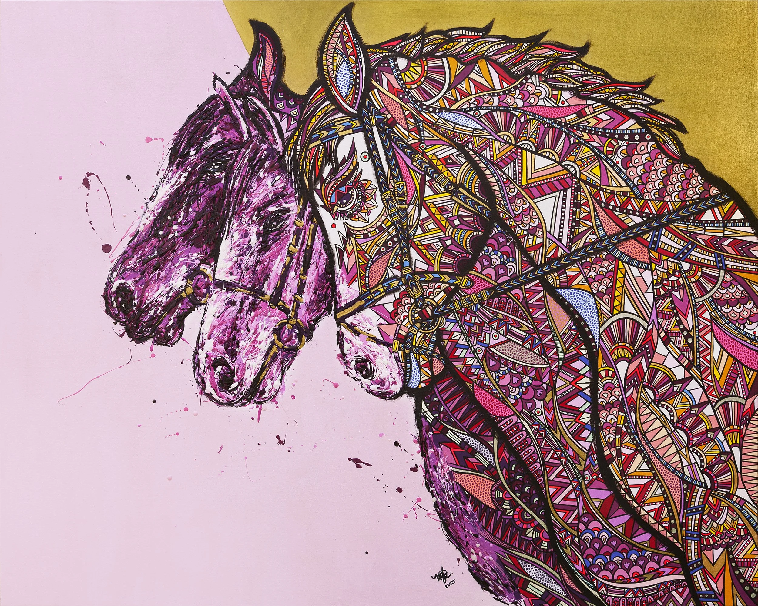 Colorful, abstract painting of a horse's head with a pink background. The horse's face is detailed with dark lines and pink highlights. The mane and upper neck are depicted with intricate, vibrant patterns in pink, purple, red, orange, yellow, blue, and black.