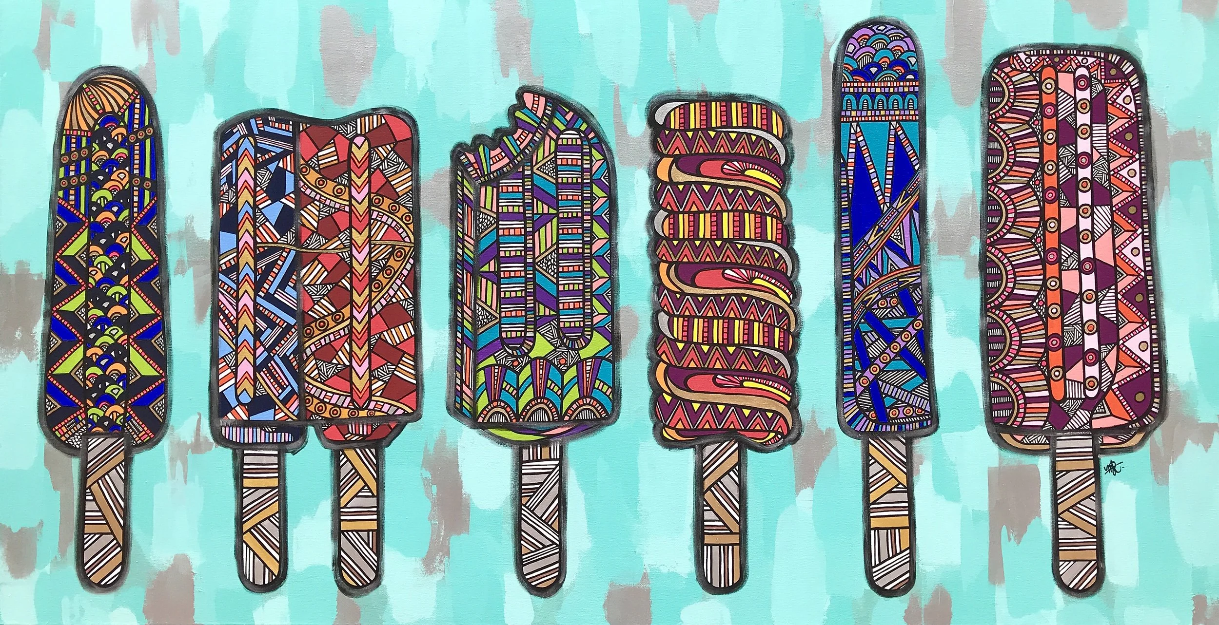 Colorful, patterned graffiti-style art of seven popsicles on a light blue background.
