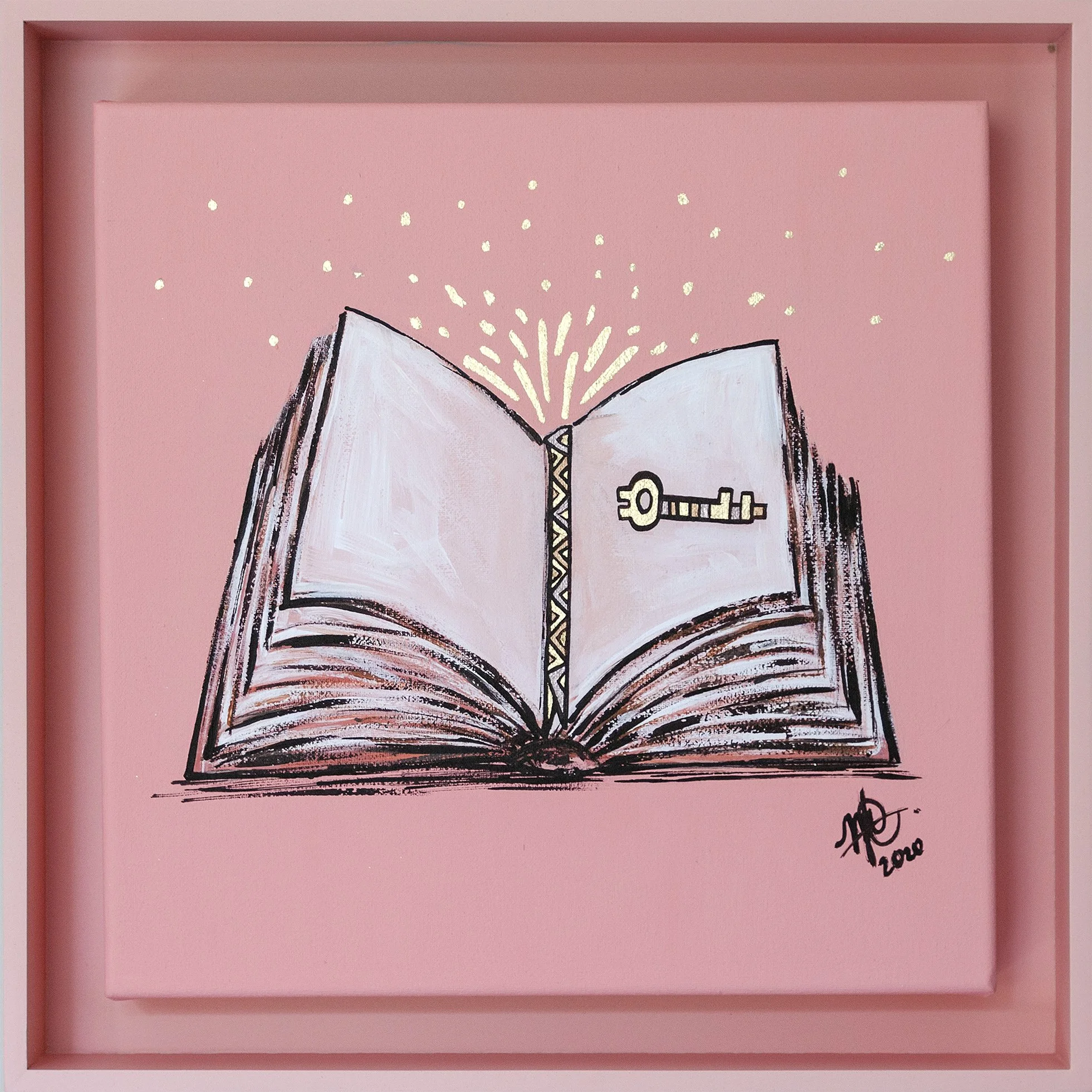 Artwork of an open book with a key on one page, surrounded by golden sparkles, on a pink background with a decorative frame.