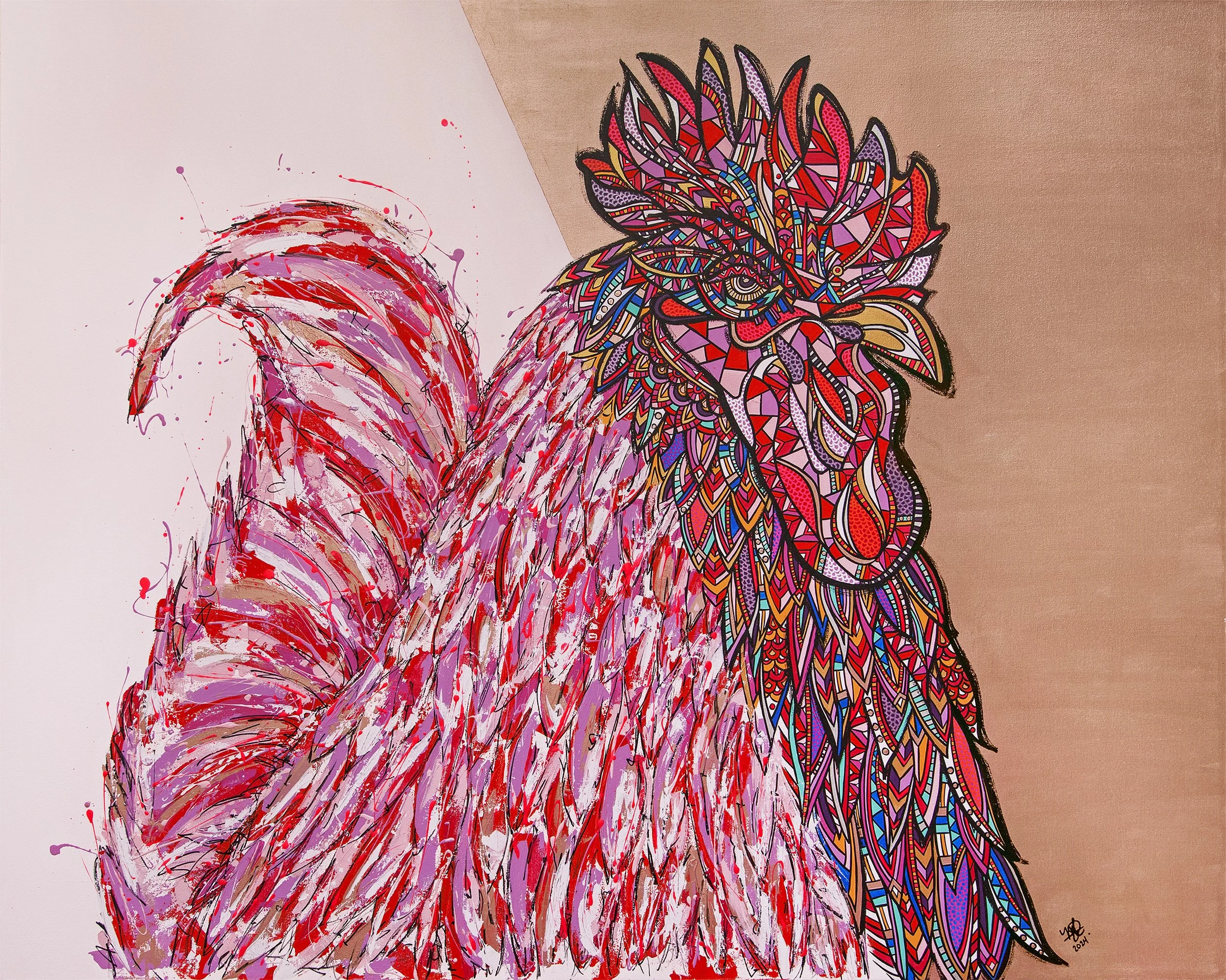 Colorful abstract painting of a flamingo with detailed and vibrant patterns on its feathers and head, with a brown background on the right and a light pink background on the left.