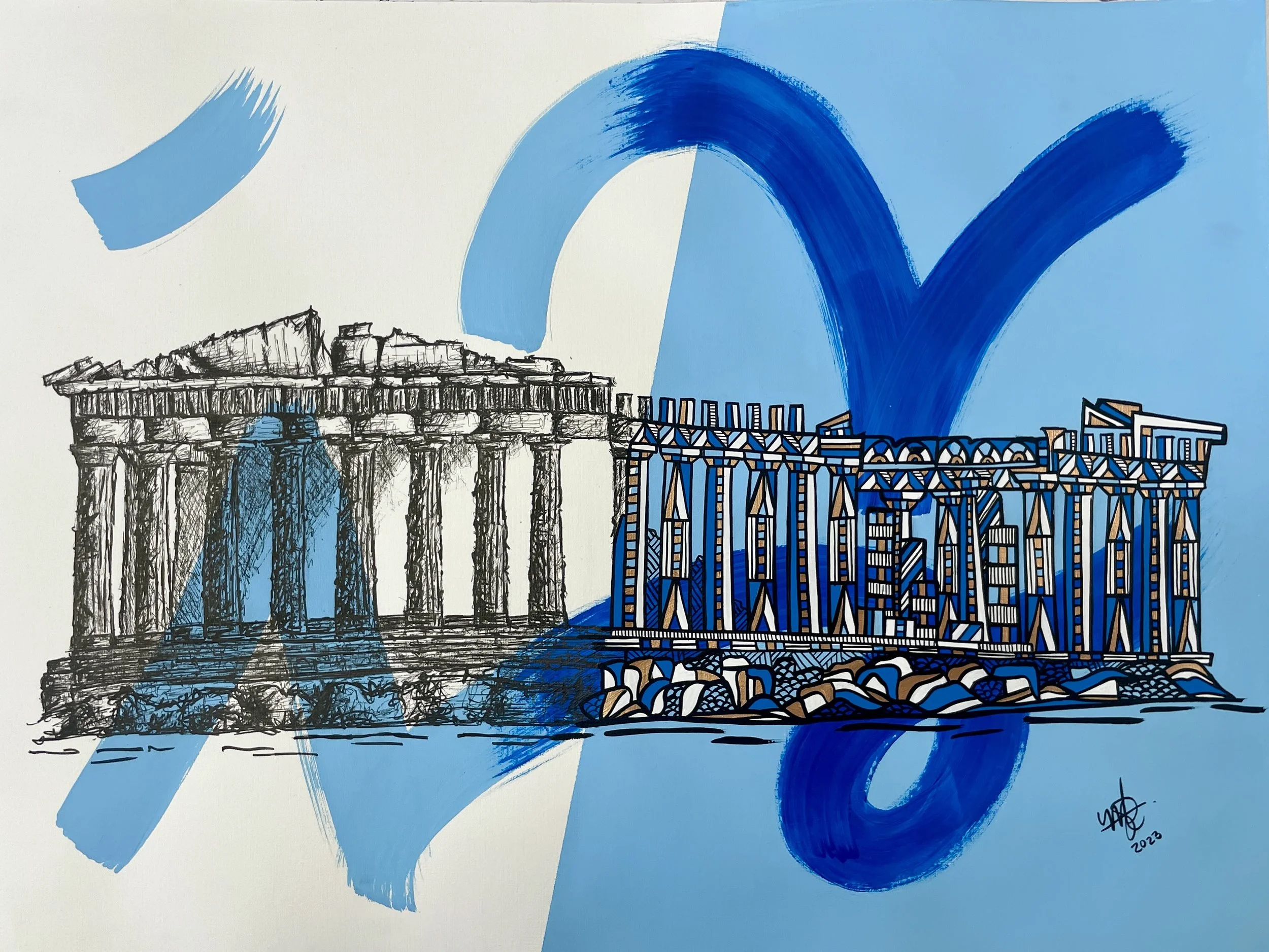 Artwork of ancient Greek Parthenon temple and modern skyscraper with blue abstract brushstrokes in background.