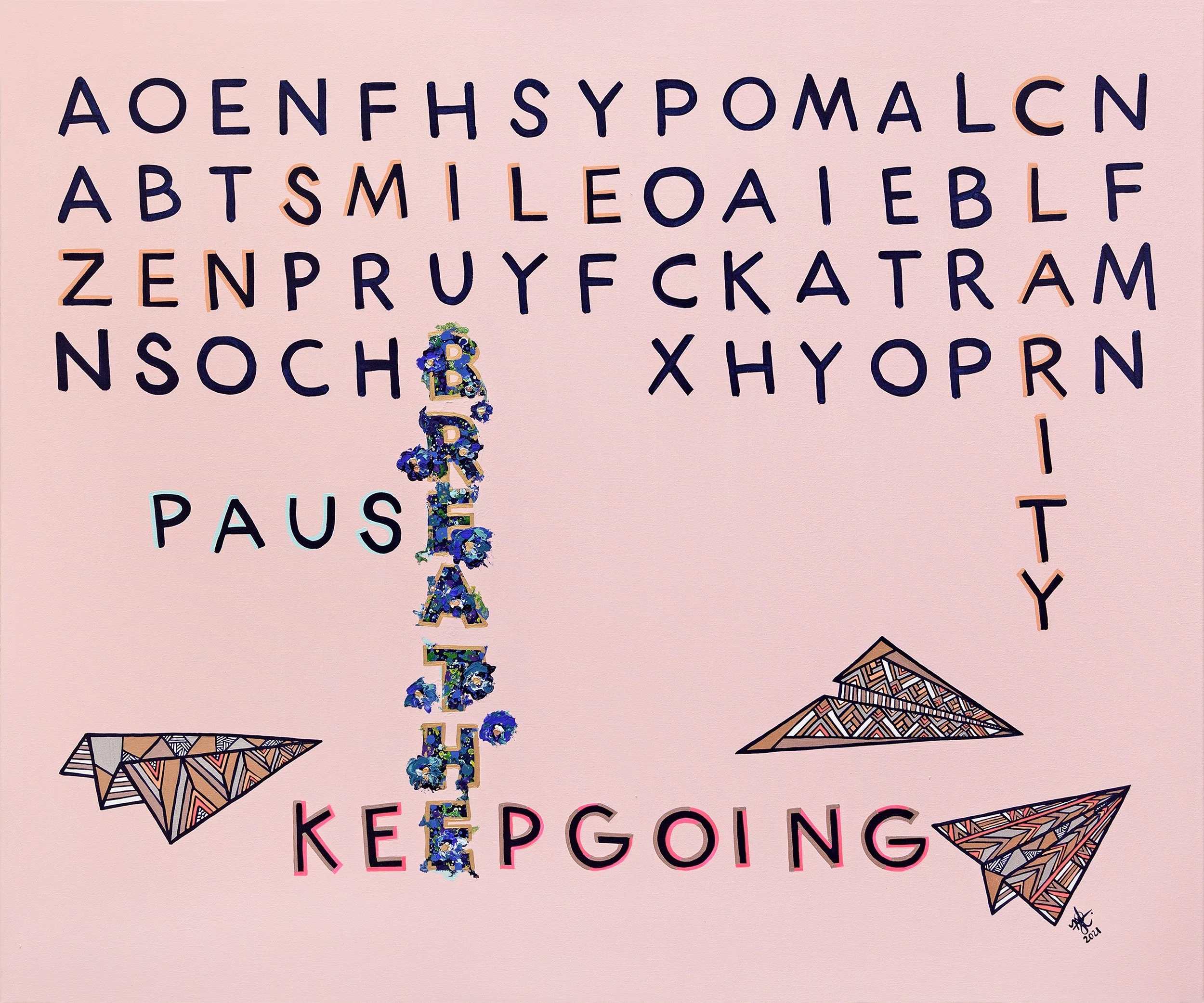 Colorful illustrated motivational poster with words 'Pause', 'Persistence', 'Creativity', and 'Keep Going' on a pink background, decorated with geometric paper airplanes.