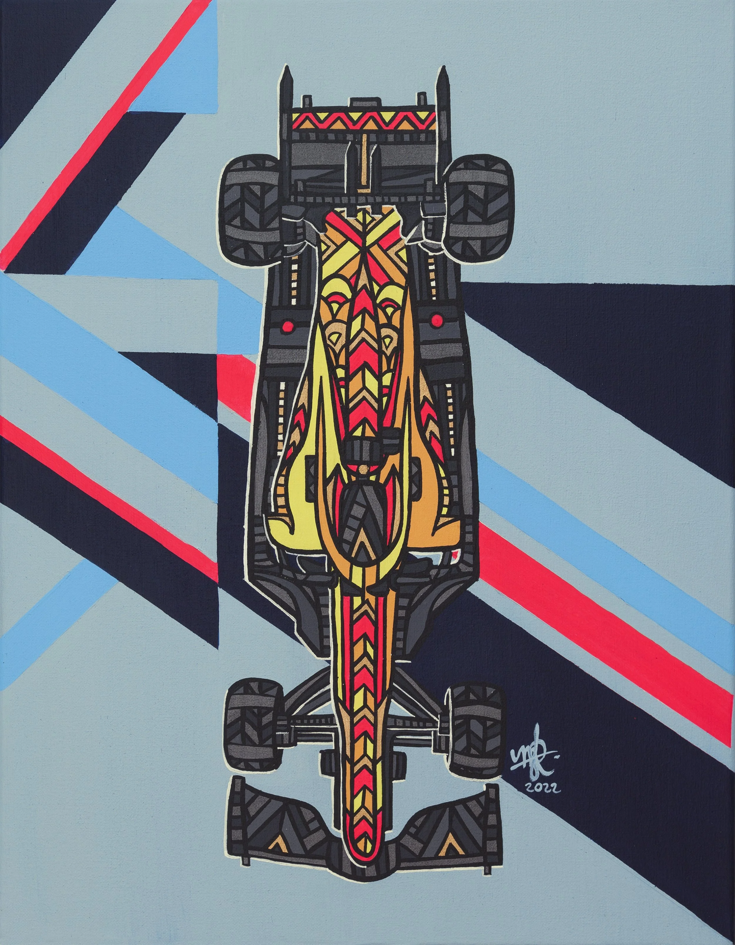Constellation-style abstract artwork of a race car with colorful, tribal-inspired patterns, seen from above, with geometric background shapes in shades of blue, red, black, and gray.