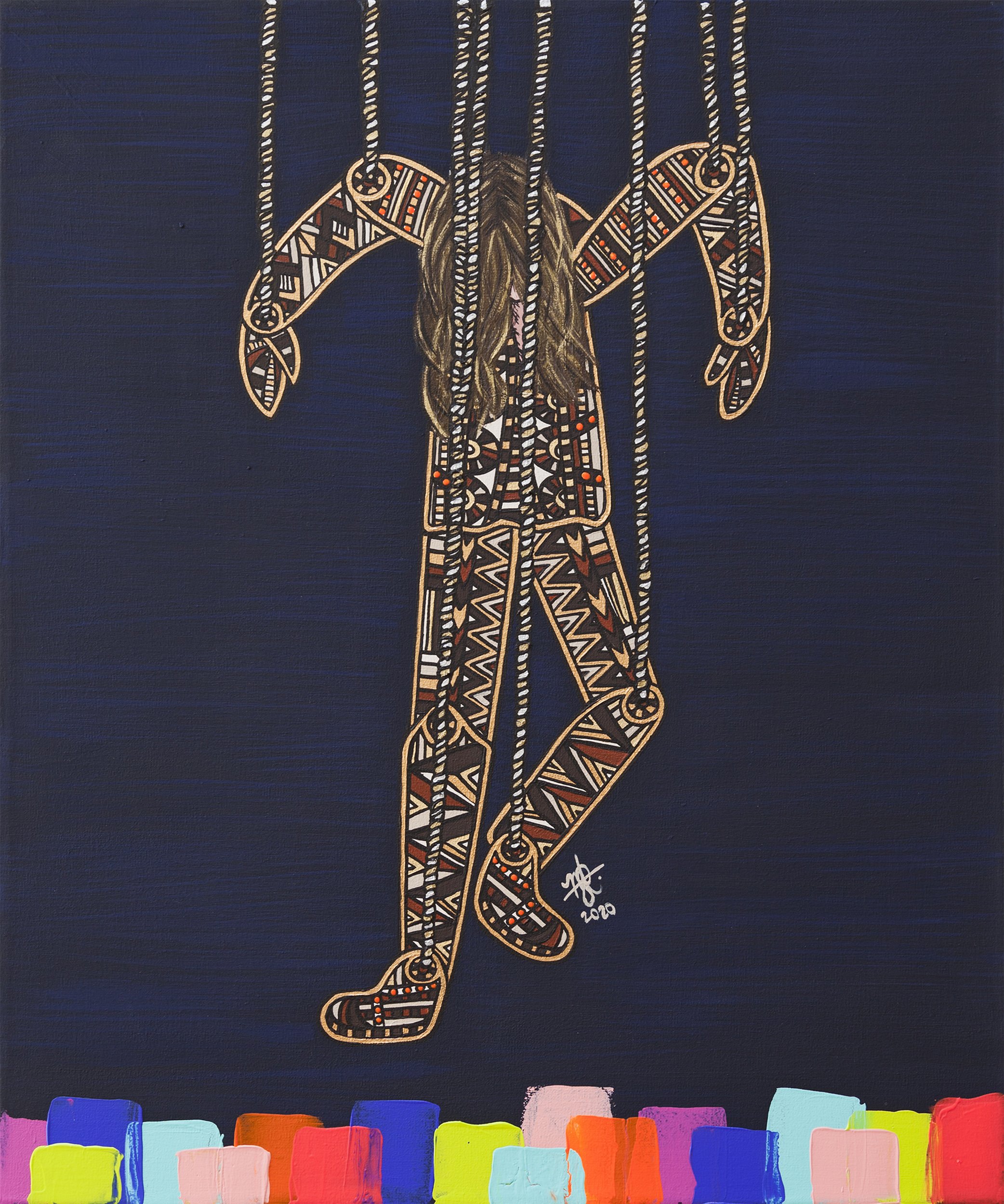 Painting of a person with hair covering their face, dressed in a patterned outfit, hanging from ropes against a dark background, with colorful blocks at the bottom.