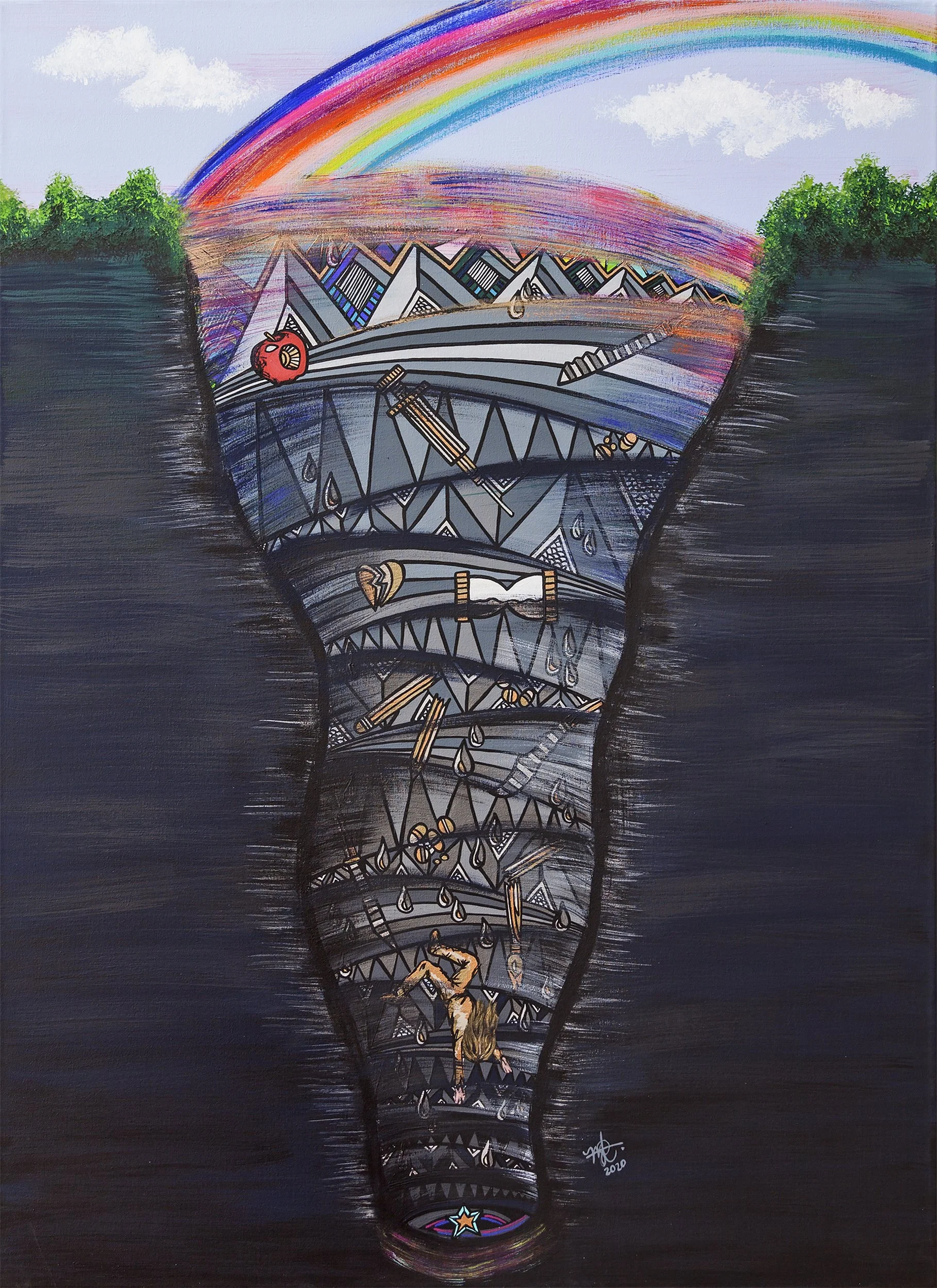 A colorful painting of a deep tunnel with a person climbing inside, surrounded by abstract geometric shapes and symbols, a rainbow arching in the sky above.