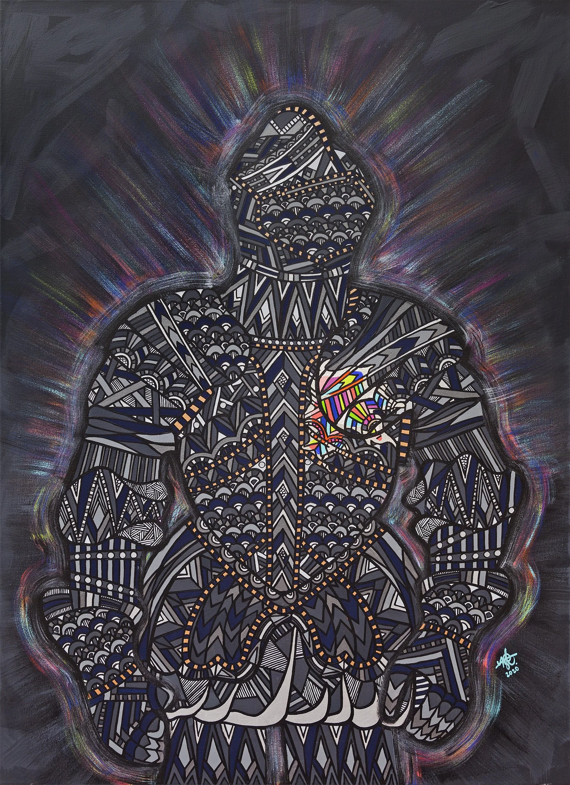 An abstract, stylized black and white illustration of a superhero figure with a colorful heart-shaped design on the chest, surrounded by vibrant radiating lines on a dark background.