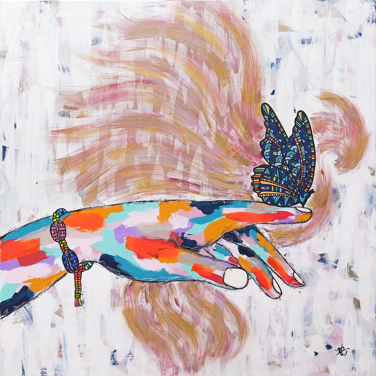 A colorful abstract painting of a hand with a butterfly resting on its index finger. The hand is painted with vibrant, multicolored strokes, and the butterfly is decorated with intricate blue and black patterns. The background features swirling pastel shades of pink, peach, and cream.