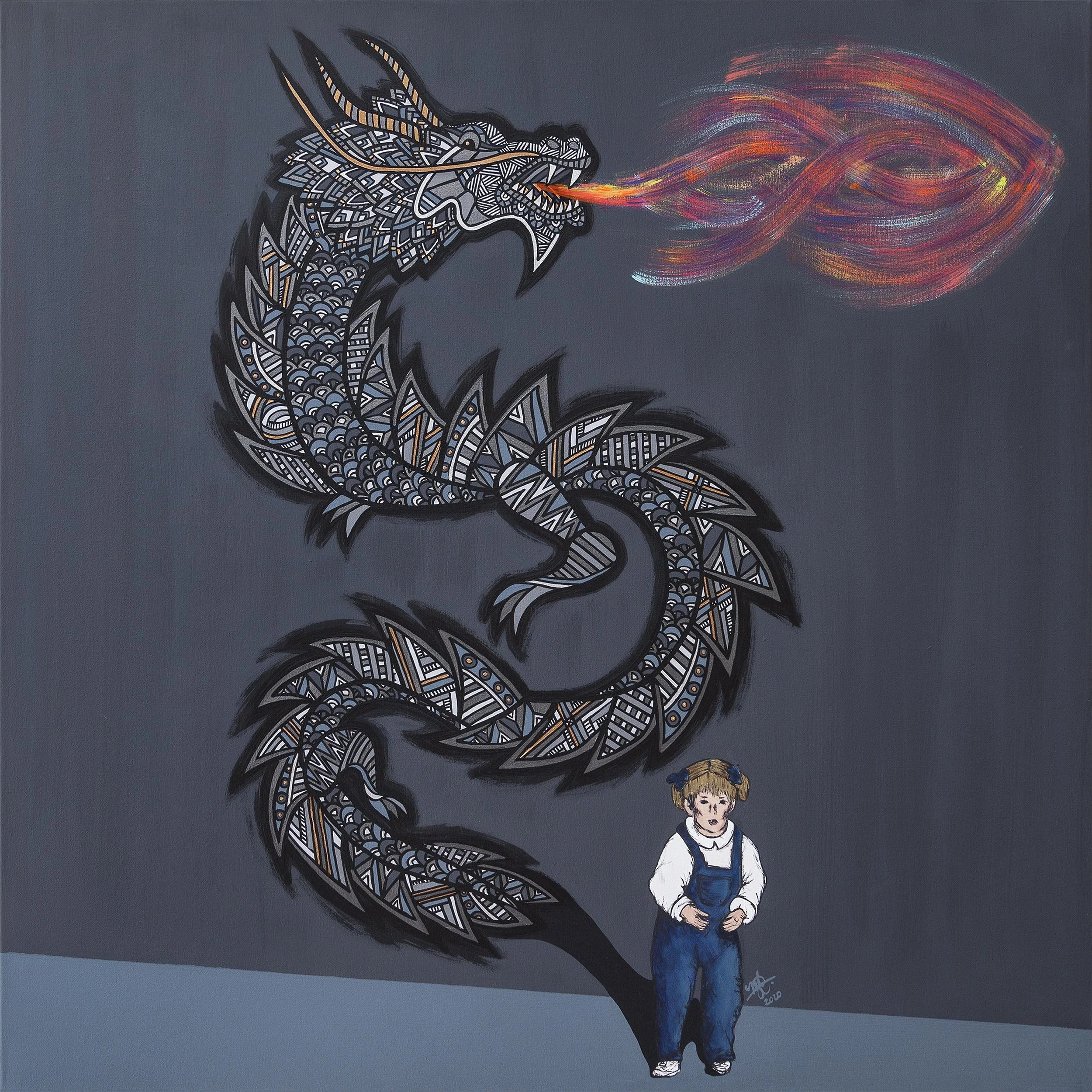 A mural of a dragon breathing fire, with intricate patterns in black, white, and blue on a gray background, and a young girl with pigtails standing below.