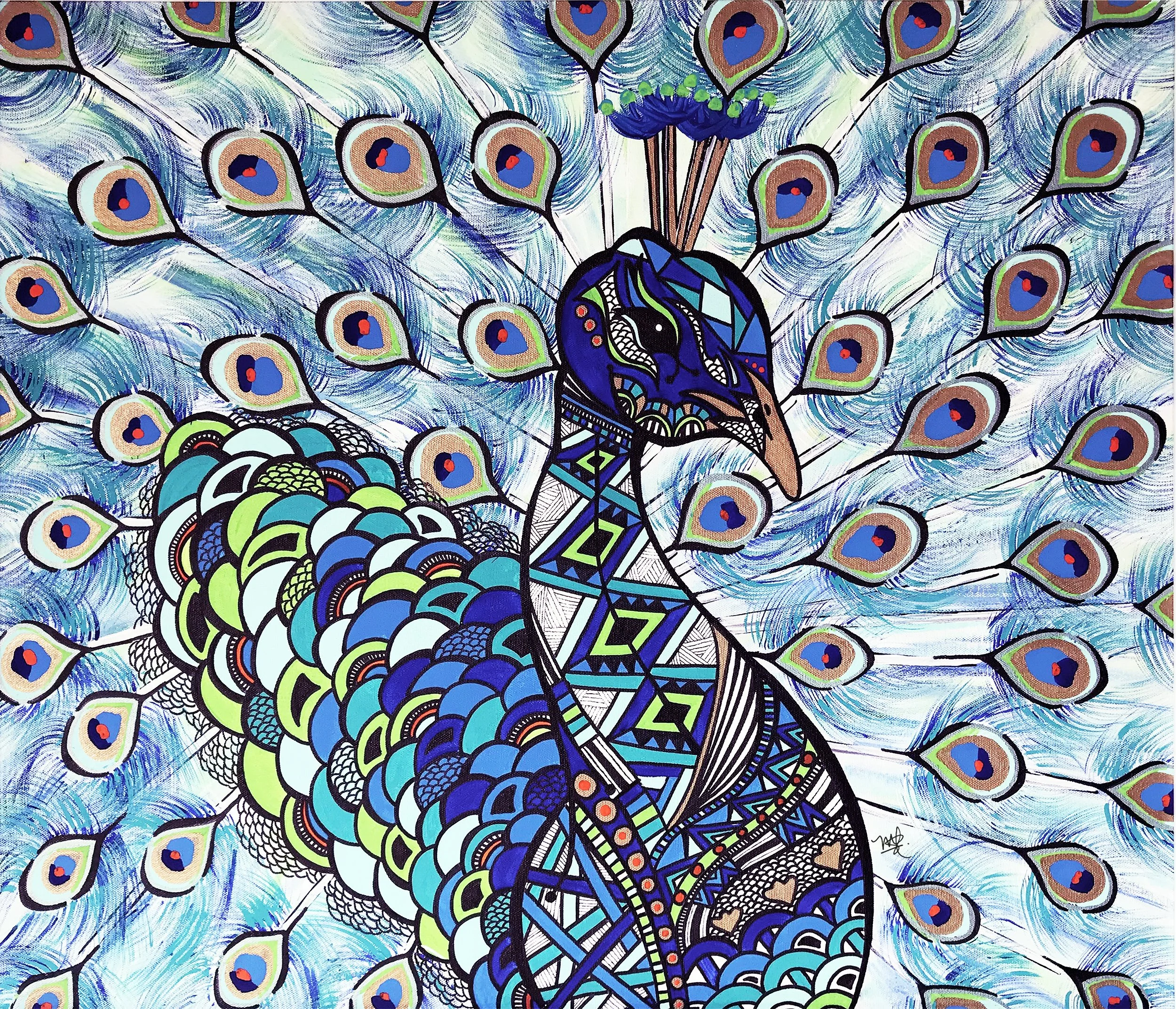 Colorful abstract artwork of a peacock with detailed patterns and vibrant colors, feathers fanned out in a stylized manner.