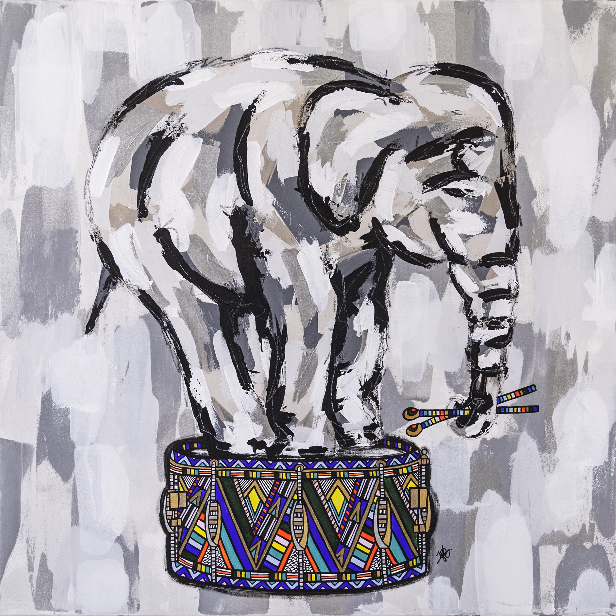 Black, white, and gray abstract painting of an elephant standing on a colorful decorated drum, with its trunk touching a beaded necklace.