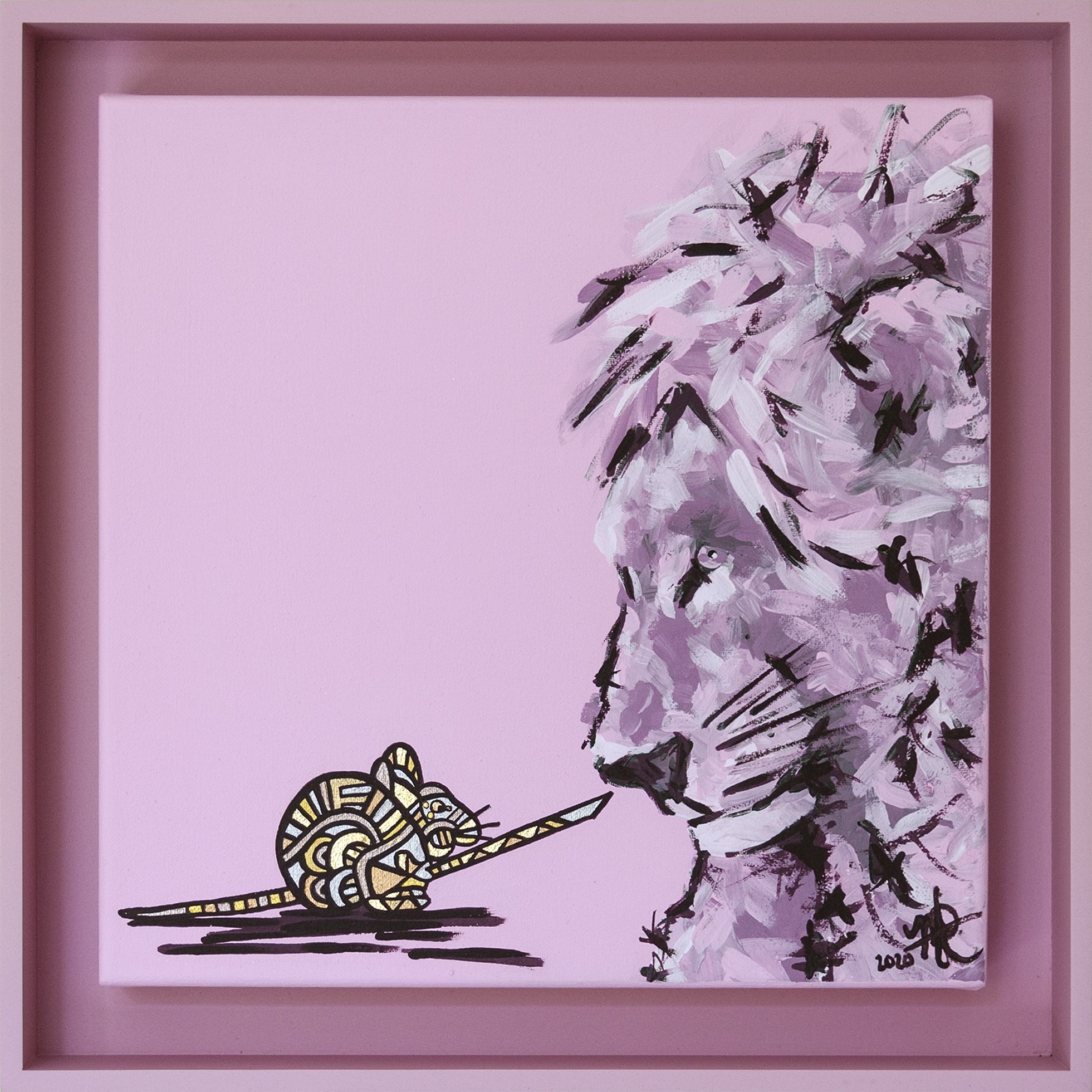 Painting of a lion's face facing a small stylized mouse holding a sword, pink background, in a pink frame.