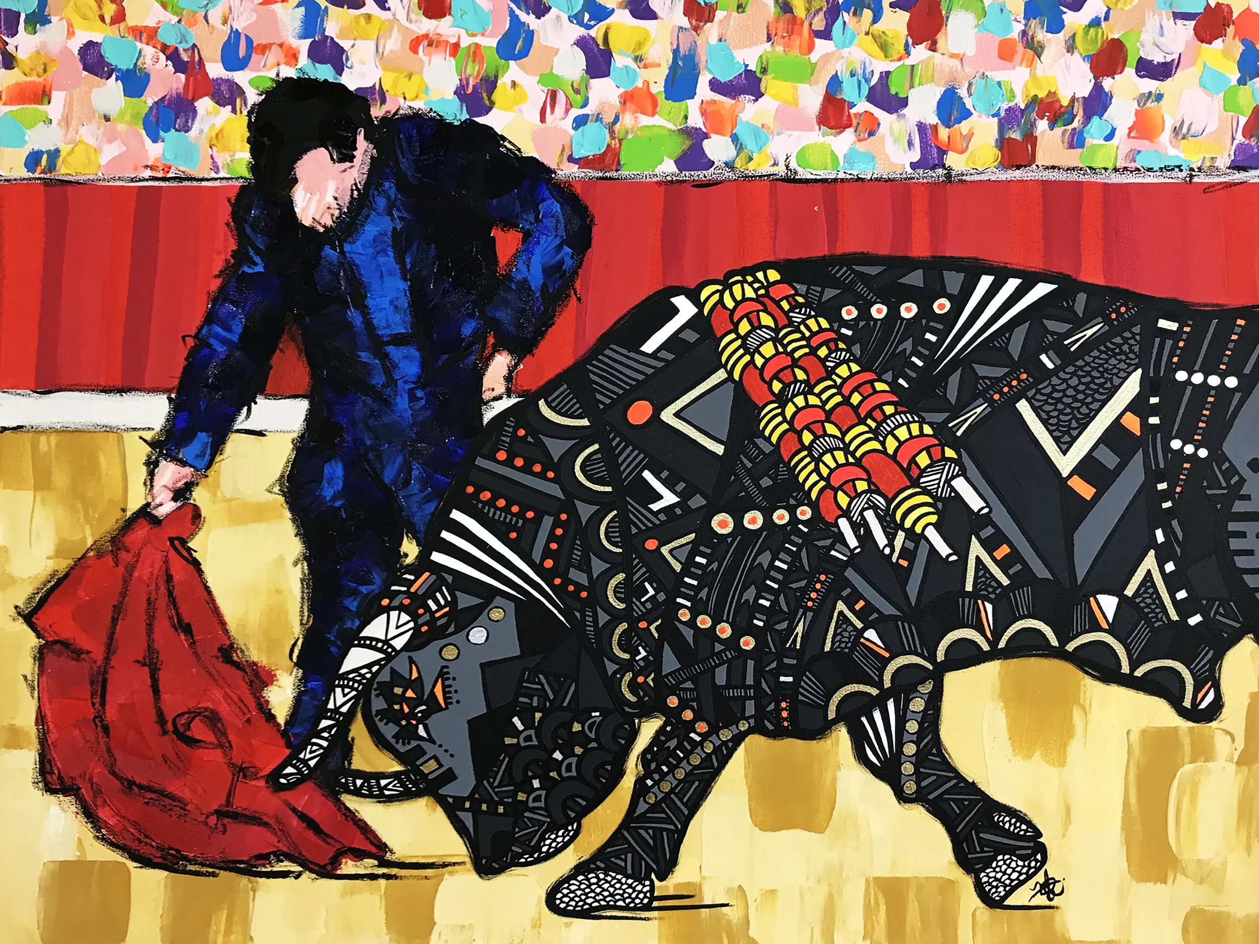 A vibrant painting of a bullfighter, dressed in a dark suit, performing a matador maneuver with a red cape in a bullring. The background features a colorful, abstract audience and a red wall.