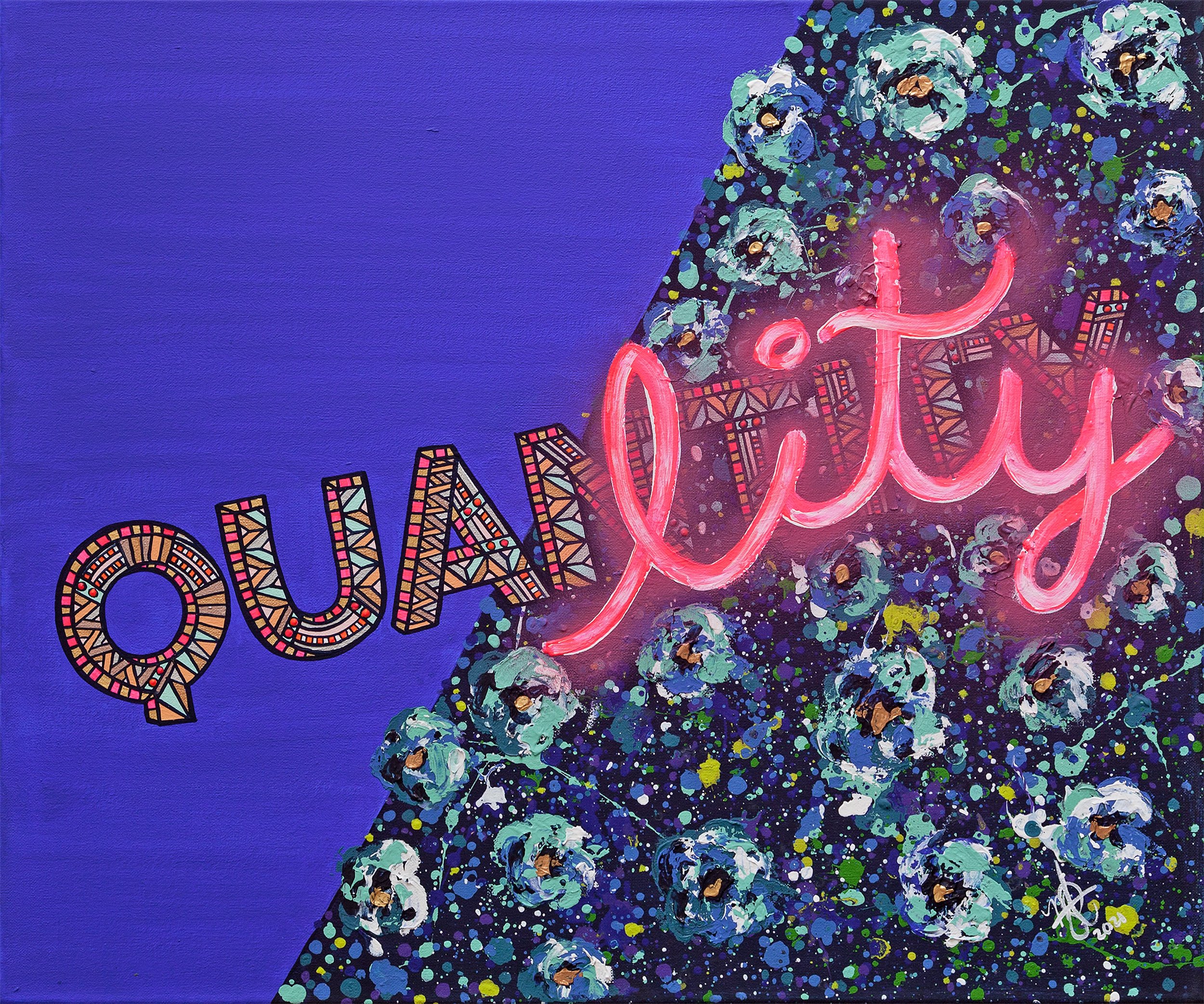 Painting of a Christmas tree with white, green, and gold decorations, with a purple background, accented by a colorful mosaic-style word 'QUAN' and a pink neon-style word 'joy'.