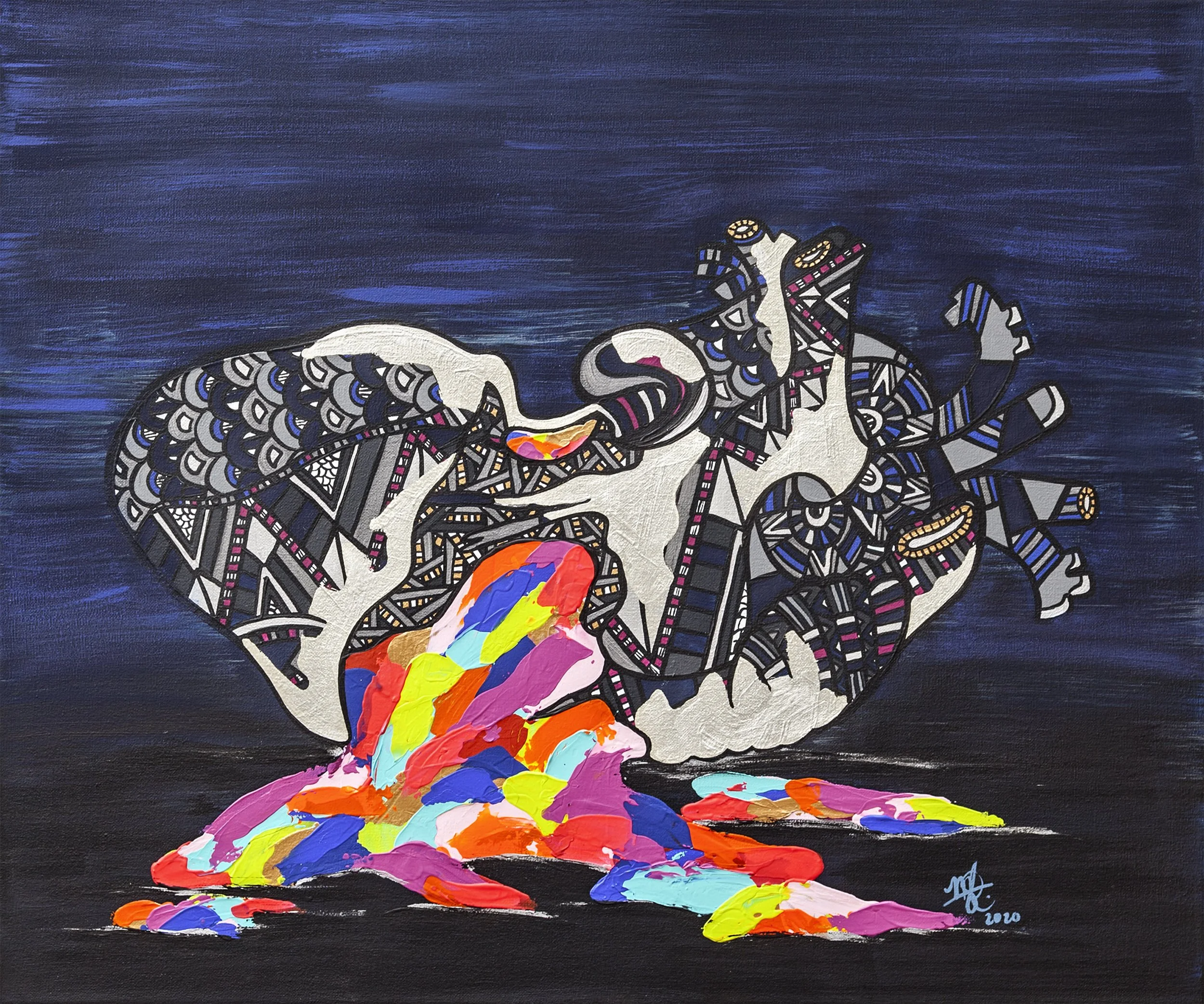 An abstract painting of a dolphin with intricate black, white, and colorful patterns, spouting rainbow-colored water against a dark blue background.