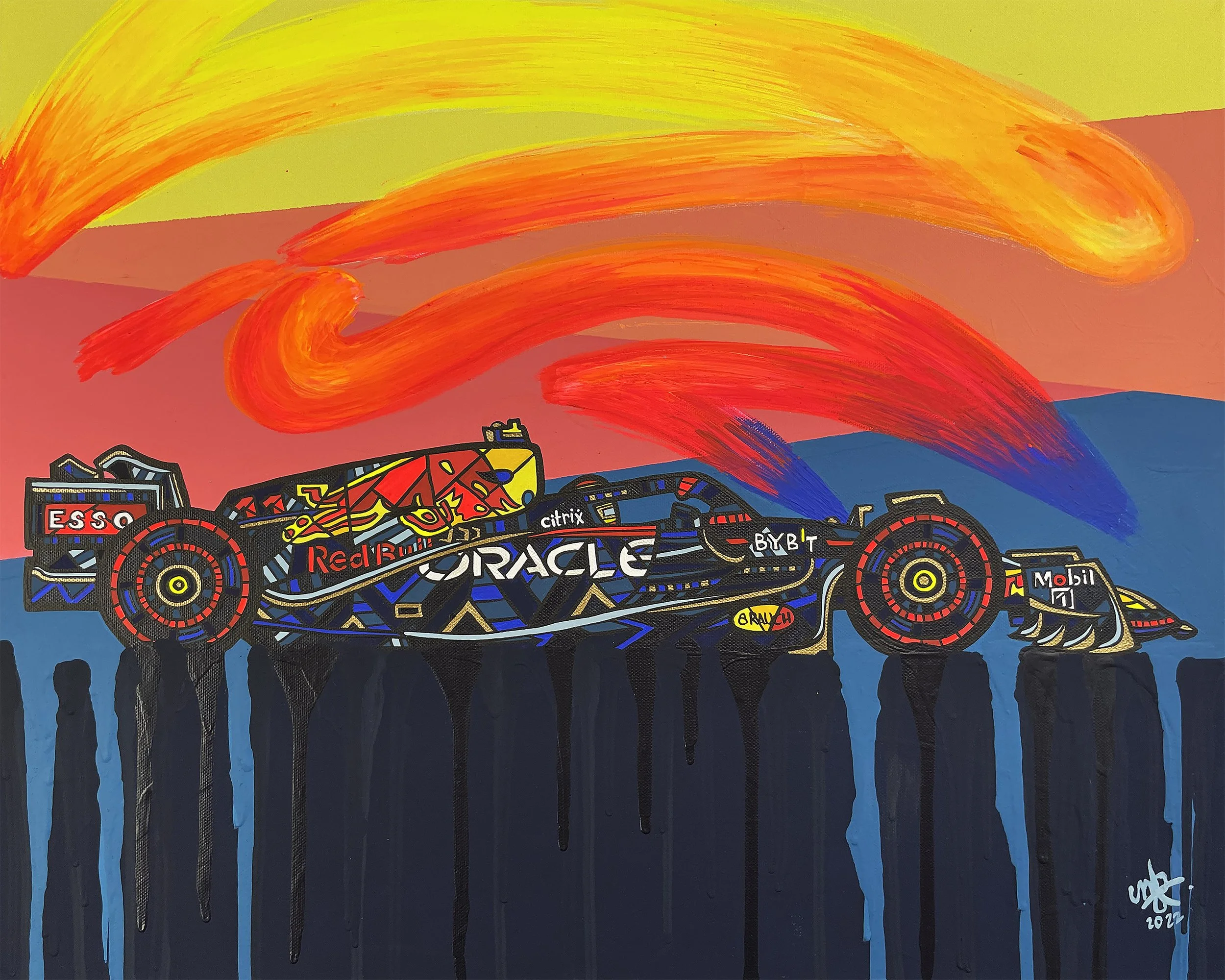 A colorful painting of a race car on stilts with logos of Red Bull, Oracle, Citrix, and others, set against a vibrant sunset with swirling clouds in the sky.