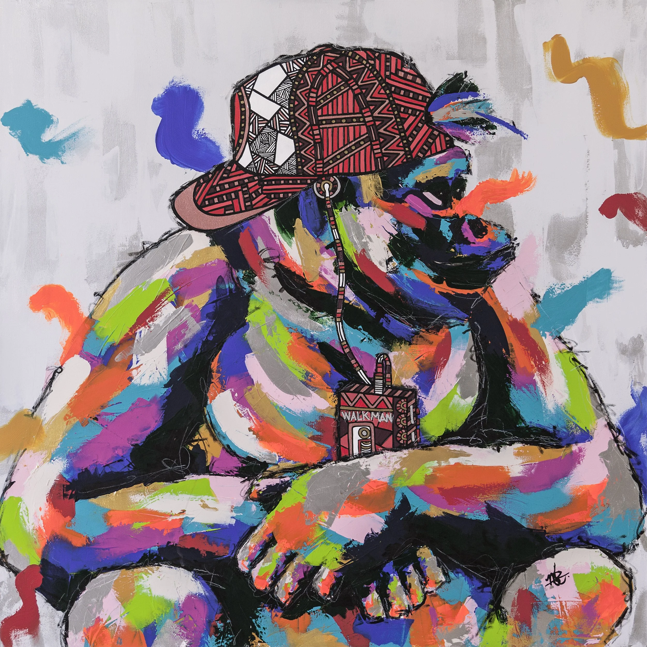 Colorful abstract painting of a person wearing a hat and headphones, with vibrant splashes of paint and bold brushstrokes.