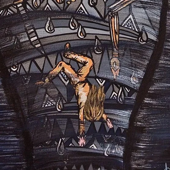 An artistic illustration of a person with long hair hanging upside down in a dark, abstract space with hanging drops and geometric patterns.