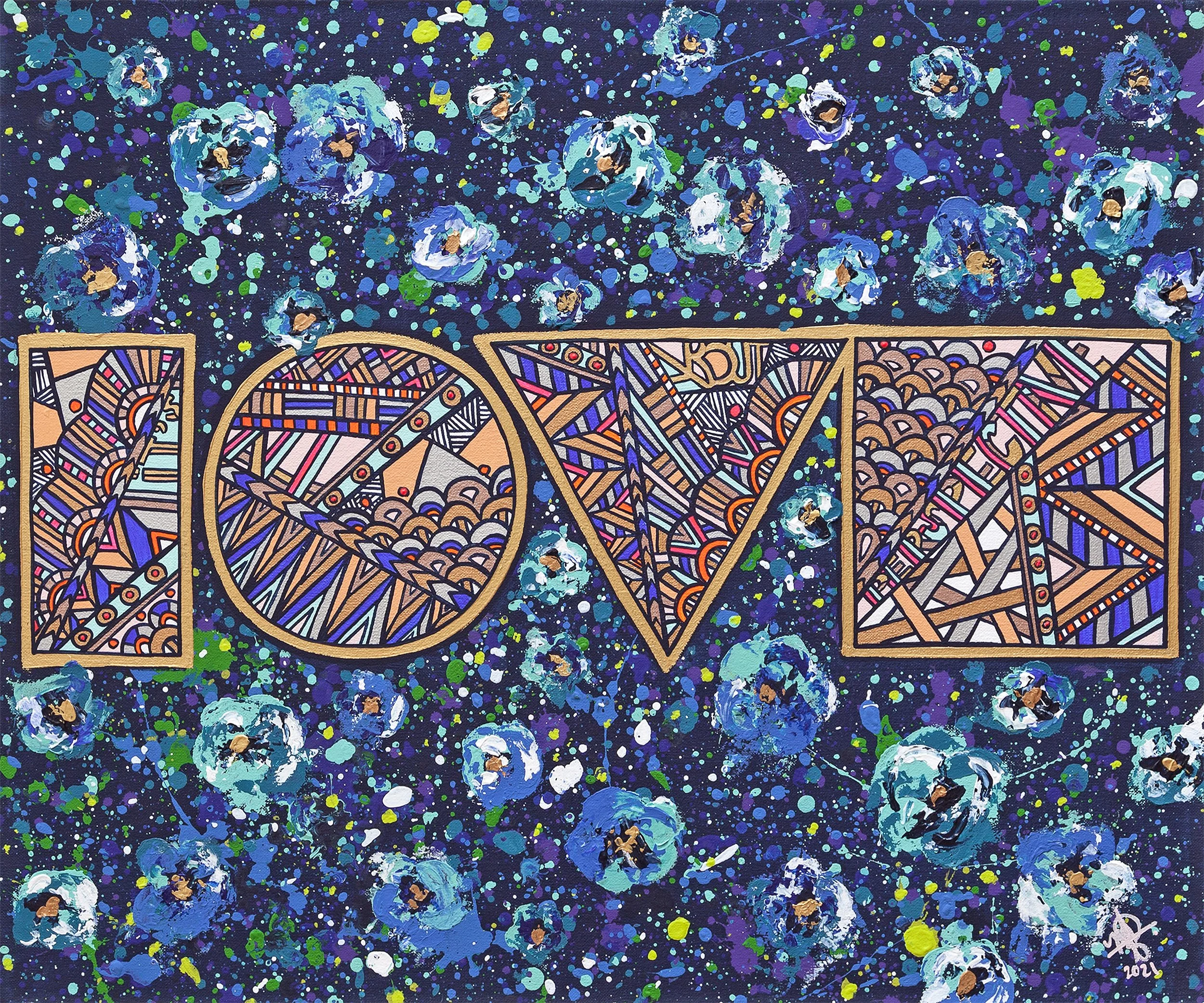 A colorful artwork spelling out the word 'LOVE' with intricate abstract patterns inside each letter, set against a dark background filled with blue, white, and green splatters resembling a starry sky with flowers.