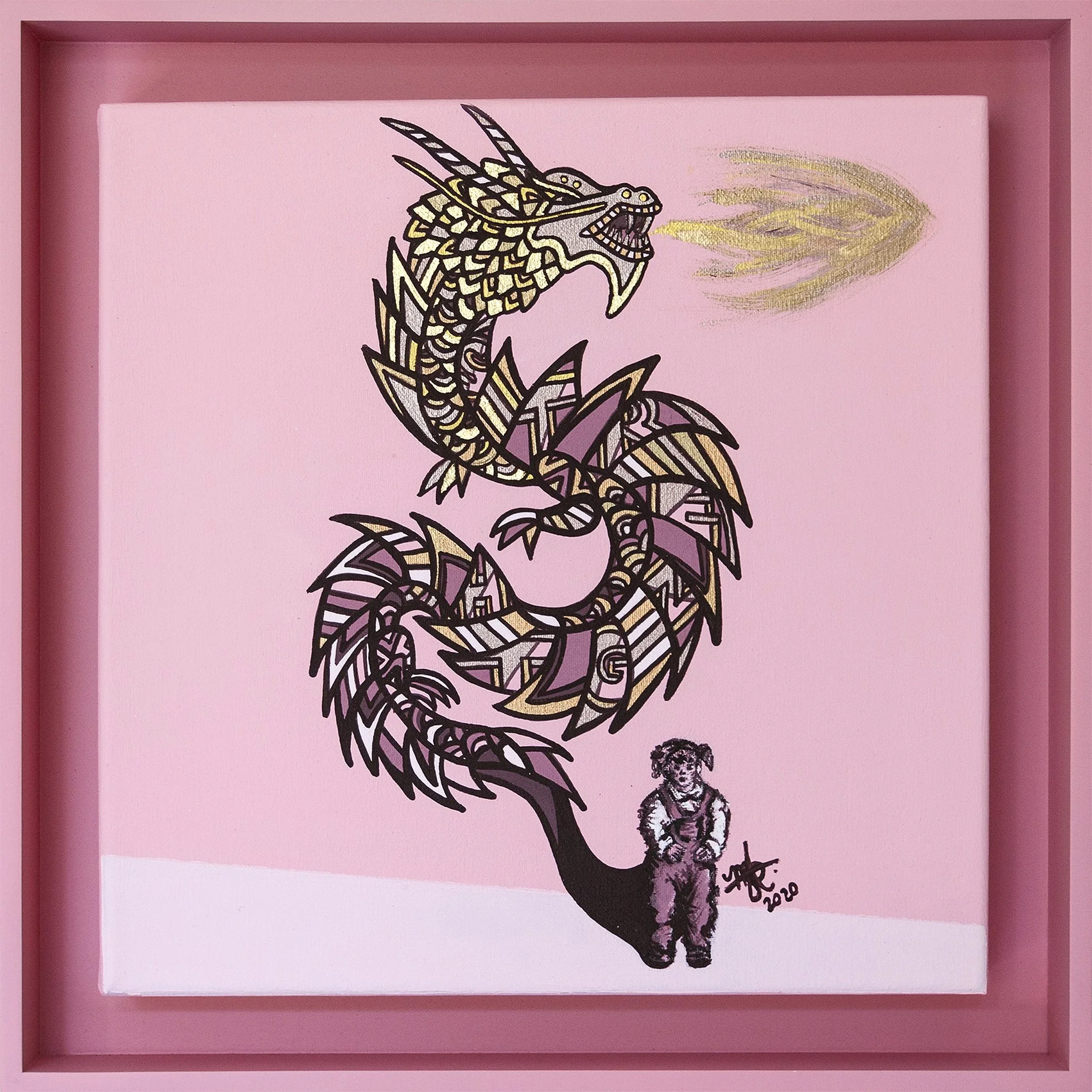 A pink framed artwork featuring a stylized dragon with gold, purple, and black details breathing fire, and a small figure of a person standing beneath it.