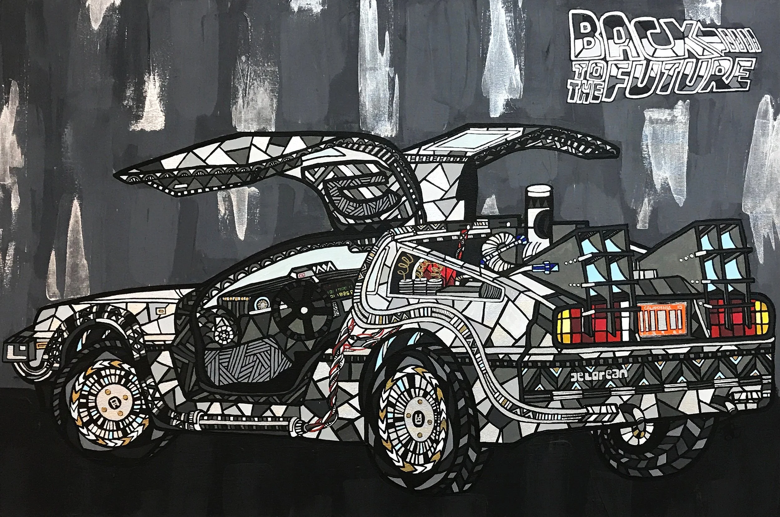 Street art mural of a futuristic race car with a large rear wing, prominent racing detail, and the phrase 'Back to the Future' in the top right corner.
