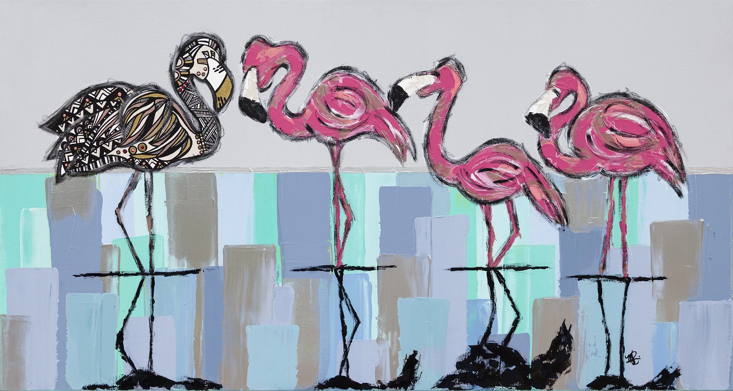 An abstract painting of four flamingos standing in water, with a geometric cityscape in the background.