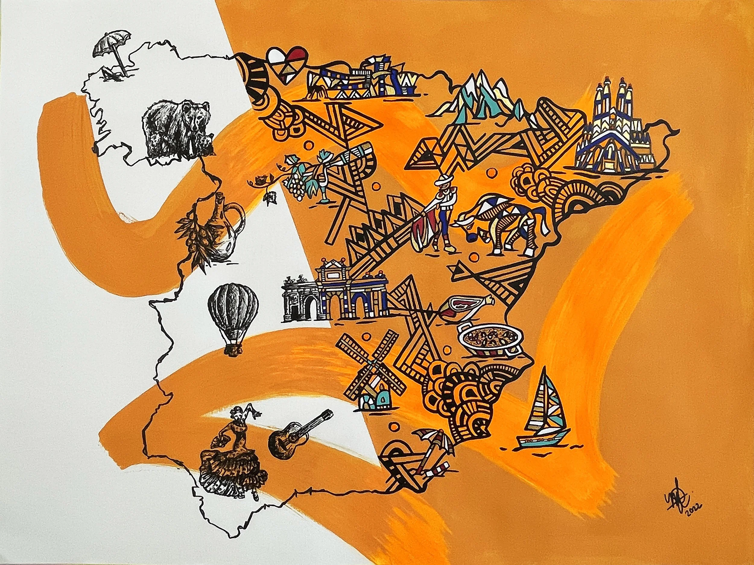 A colorful illustration of Spain with black line drawings of landmarks, cultural symbols, and activities, over orange and white backgrounds.