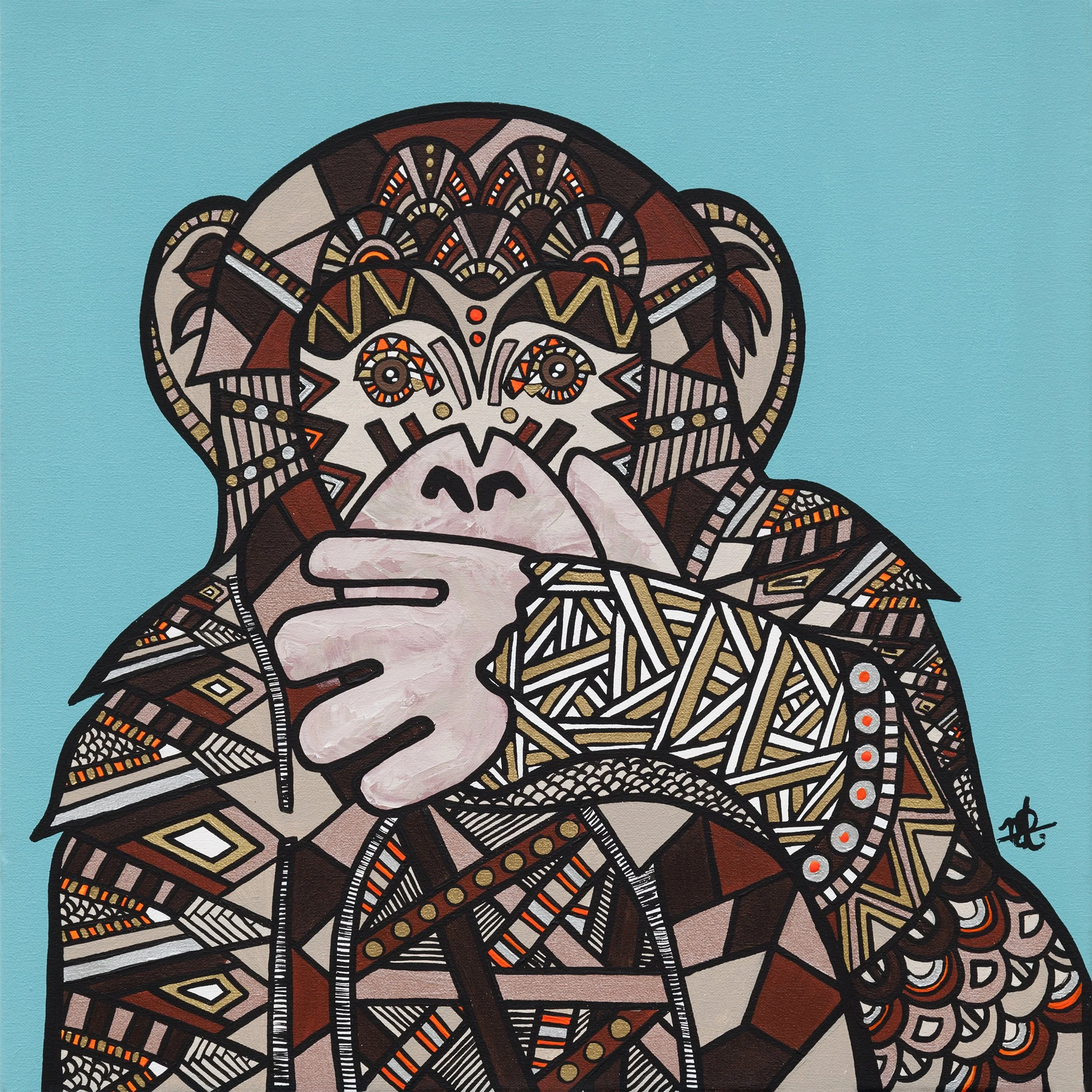 A colorful geometric painting of a monkey with a thoughtful expression, holding its chin, set against a turquoise background.