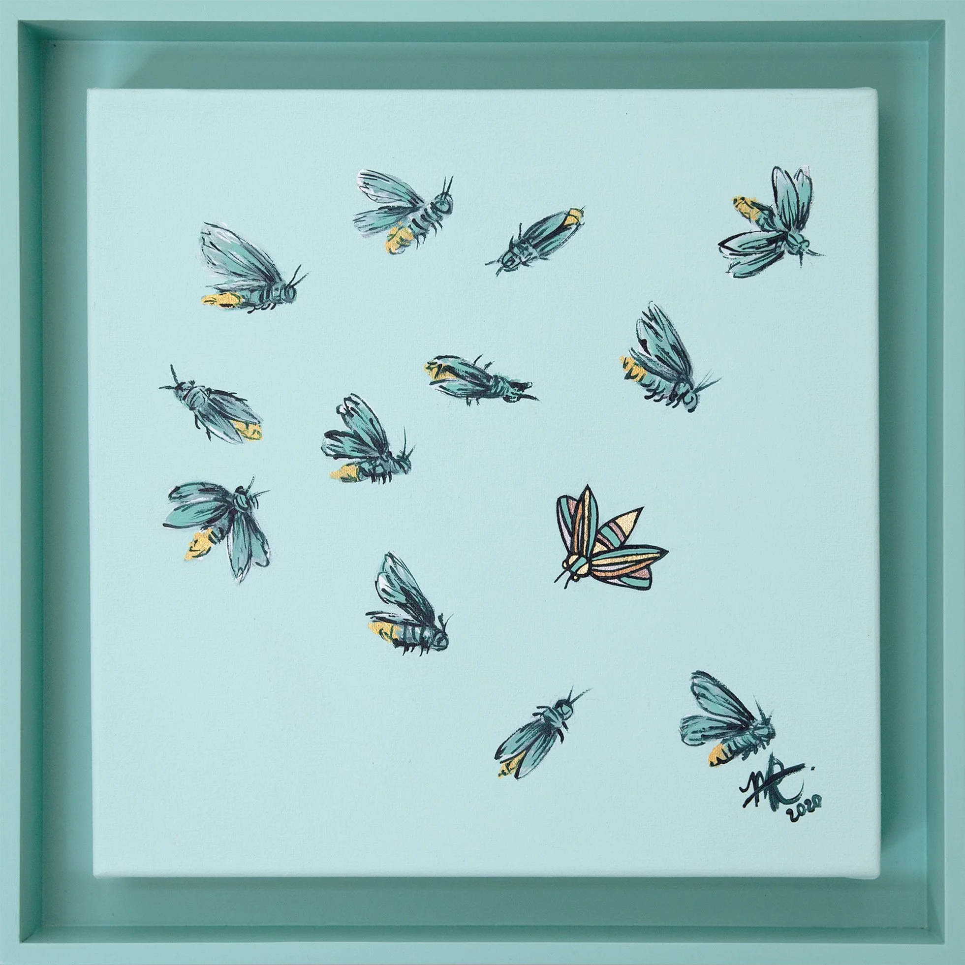 Painting of multiple bees and one butterfly on a light blue background, framed in a teal frame.