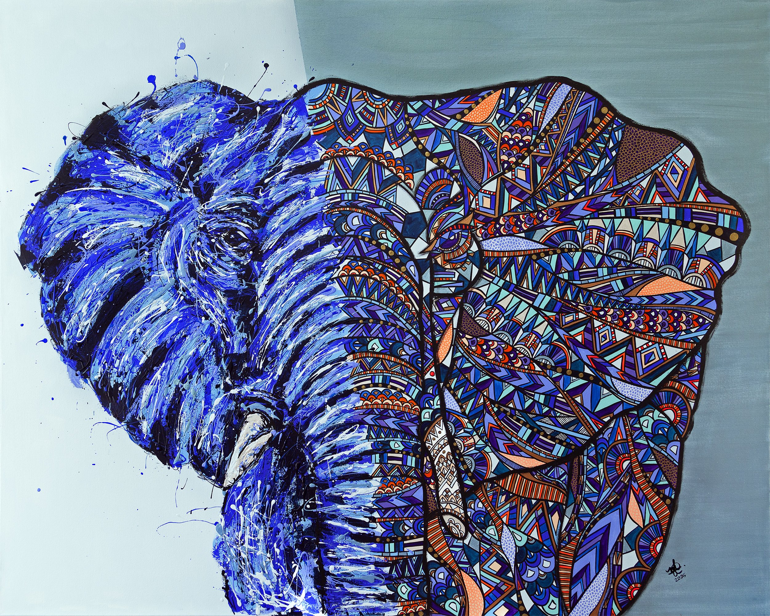 A painting of an elephant, with the left side depicted as an expressive blue watercolor style and the right side as an intricate, colorful geometric mosaic design.