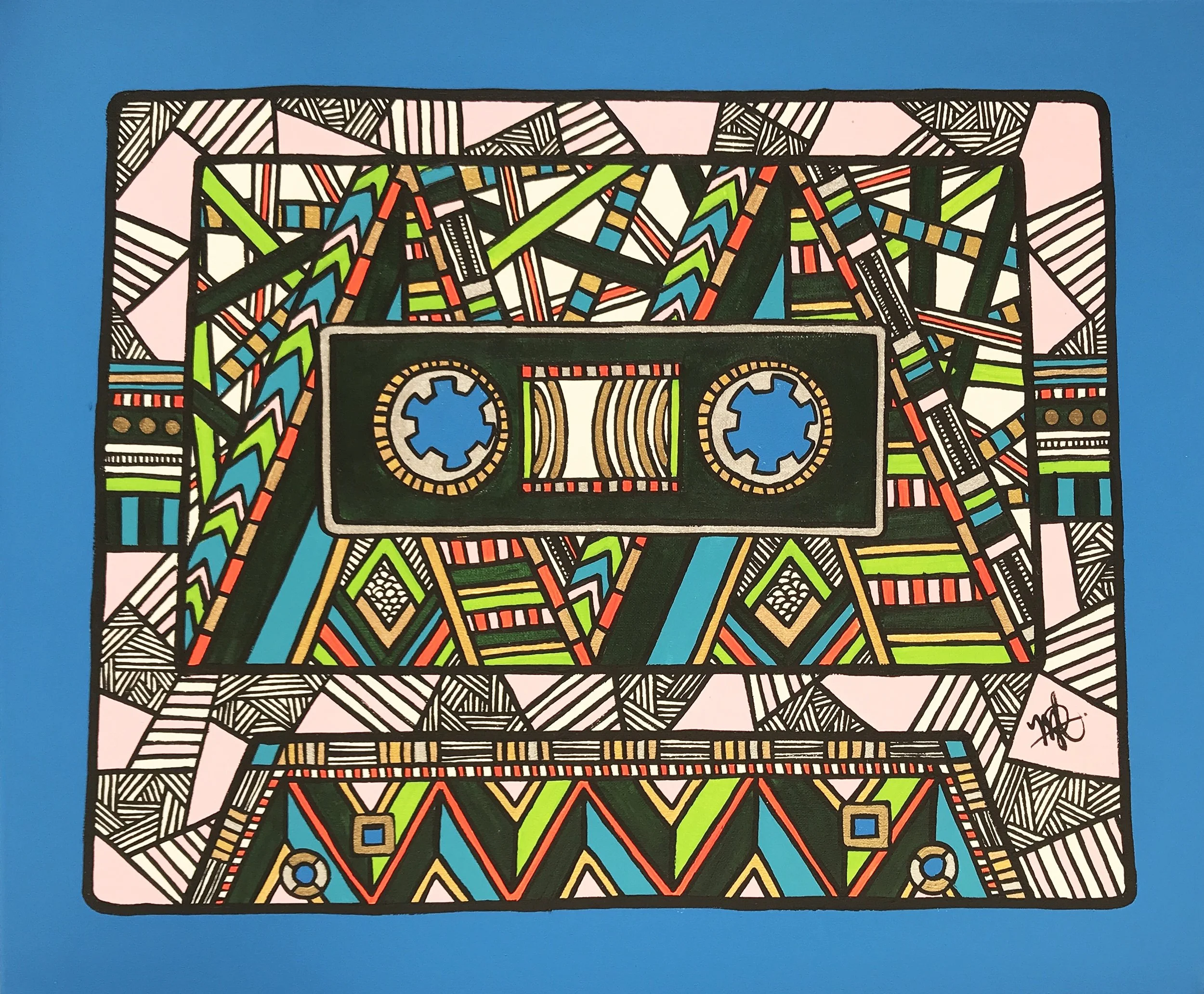 Colorful drawing of a cassette tape with decorative patterns and geometric shapes, set against a bright blue background.