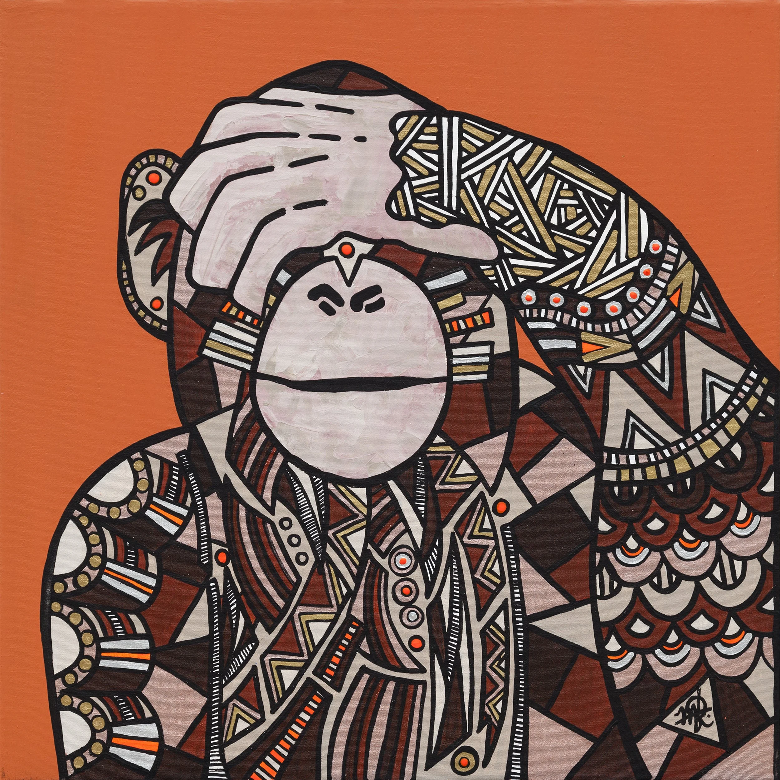Painting of a person in tribal attire with a hand covering their face, set against an orange background.