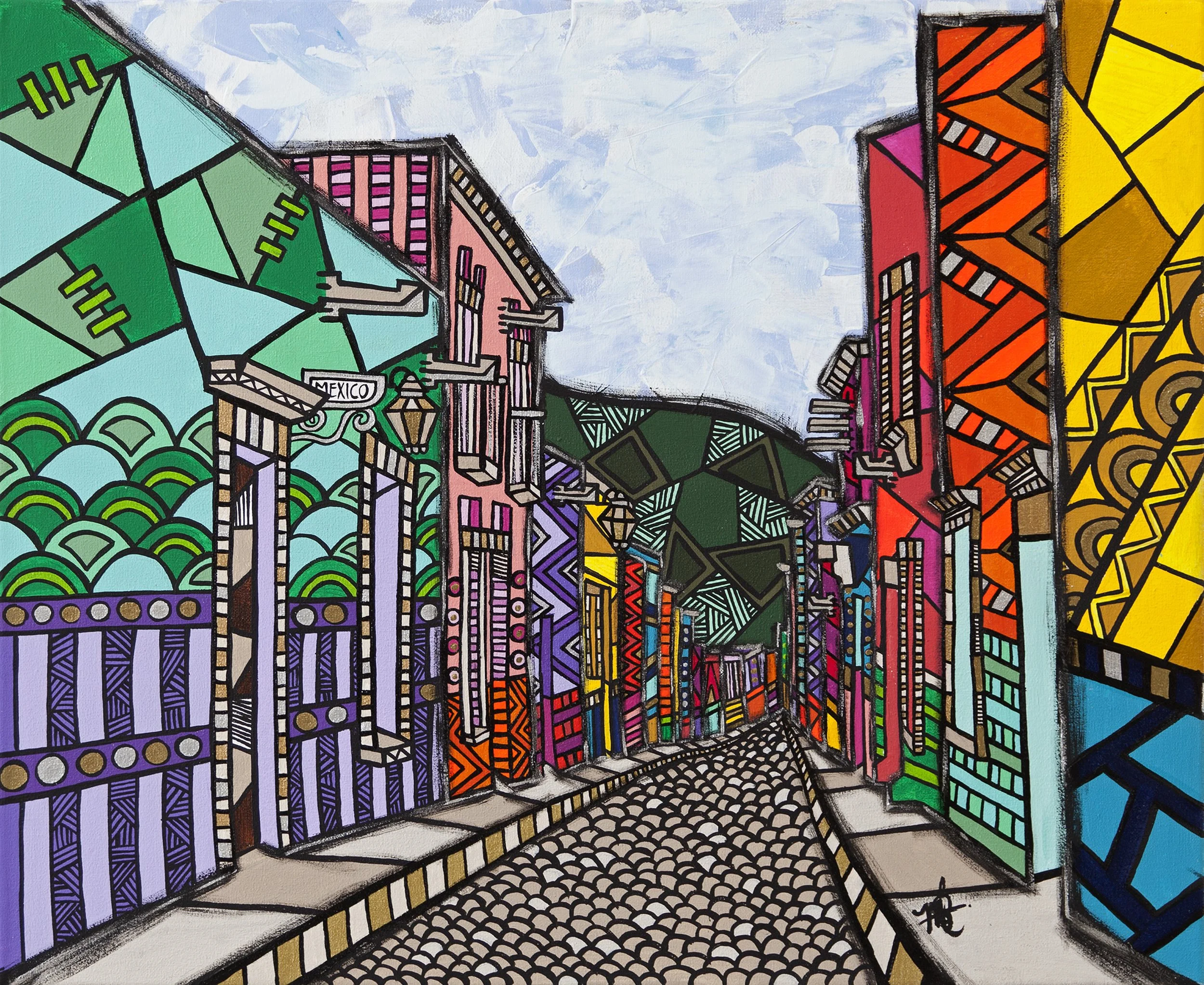 Colorful mural of a street scene in Mexico with buildings painted in vibrant colors and patterns, cobblestone road, and a street sign that reads 'Mexico'.