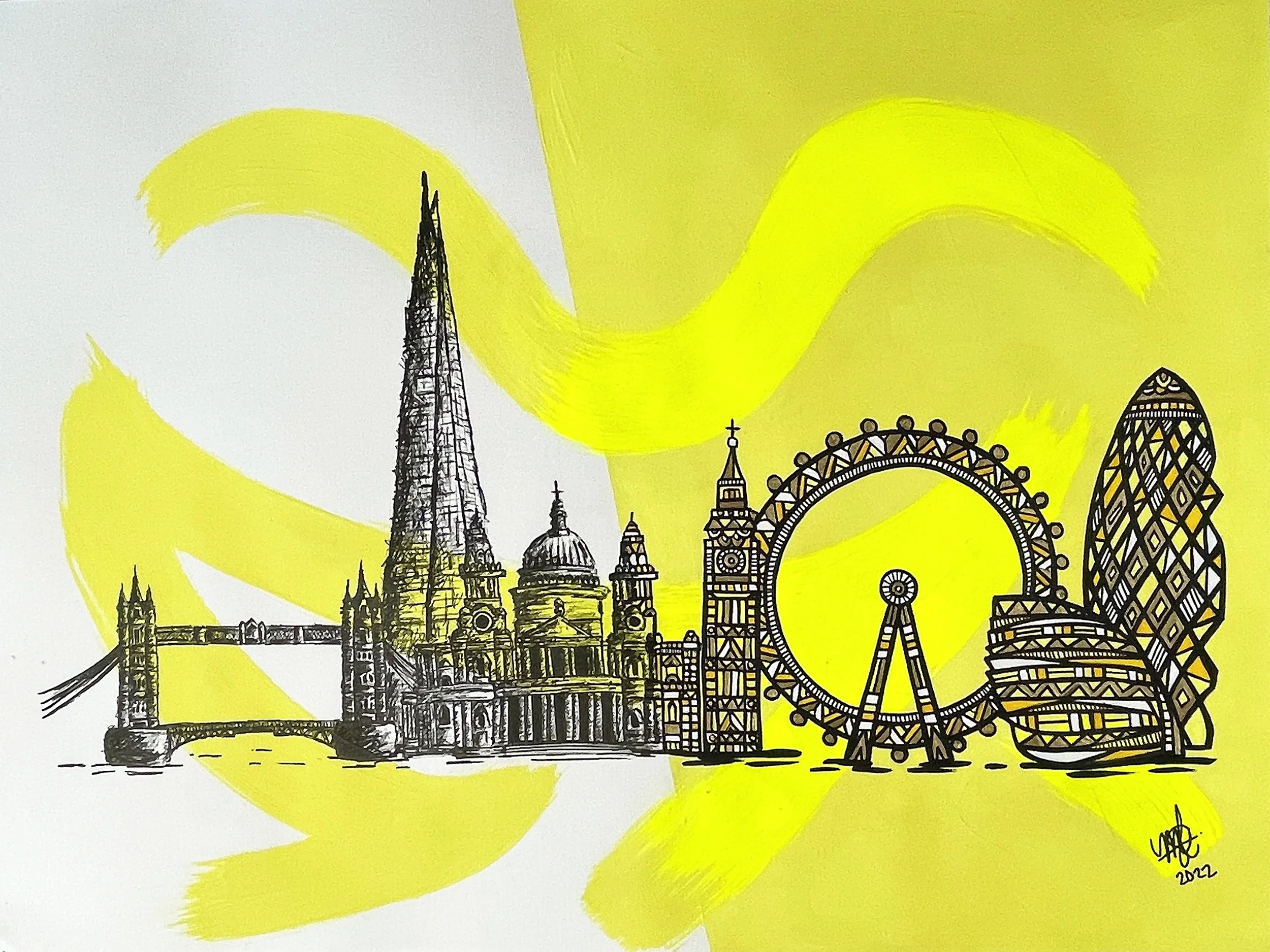A black ink drawing of London landmarks, including Tower Bridge, St. Paul's Cathedral, and the London Eye, on a yellow abstract background.