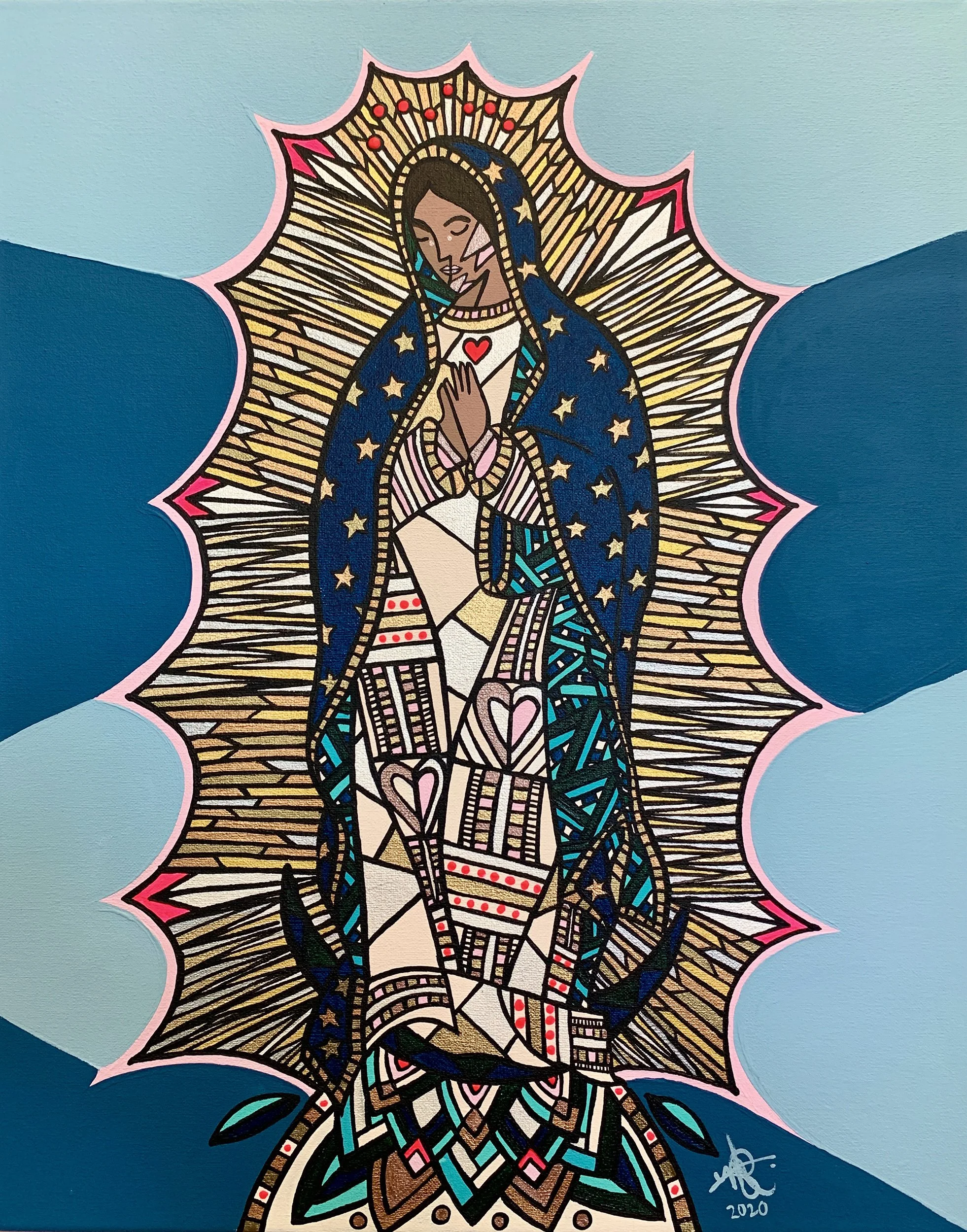 Stained glass style artwork of Our Lady of Guadalupe with a blue background and clouds, containing intricate patterns and bright colors.