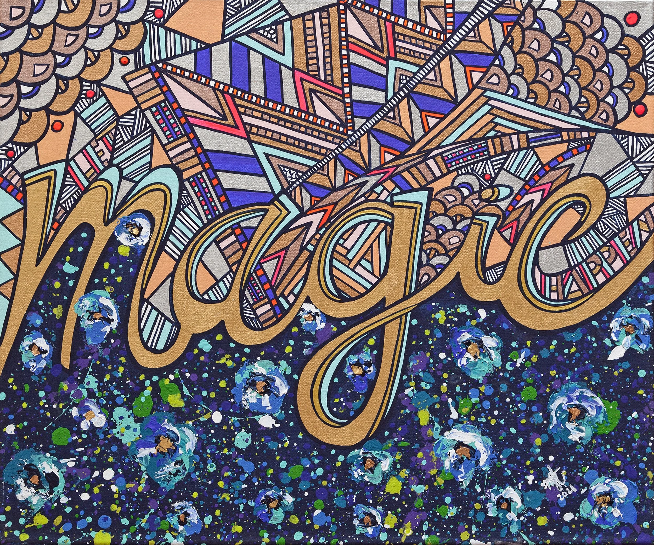 A colorful and detailed mural with abstract geometric patterns and the word "magie" written in large, cursive gold letters. The background features splashes of blue, green, and white paint. The mural appears to be painted on a wall.