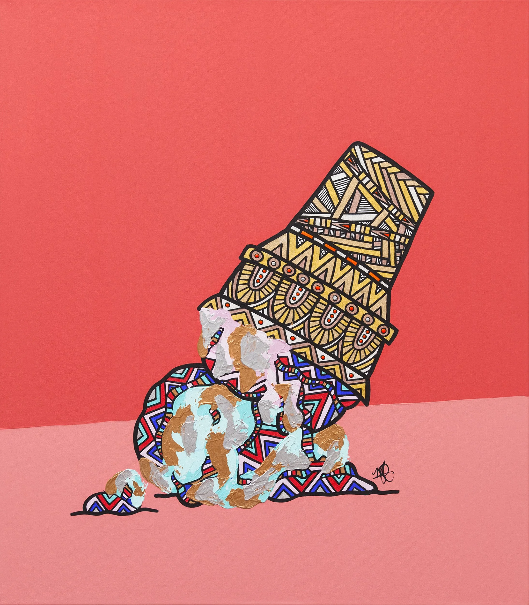 Colorful abstract painting of an overturned ice cream cone with drips and scoops on a pink background