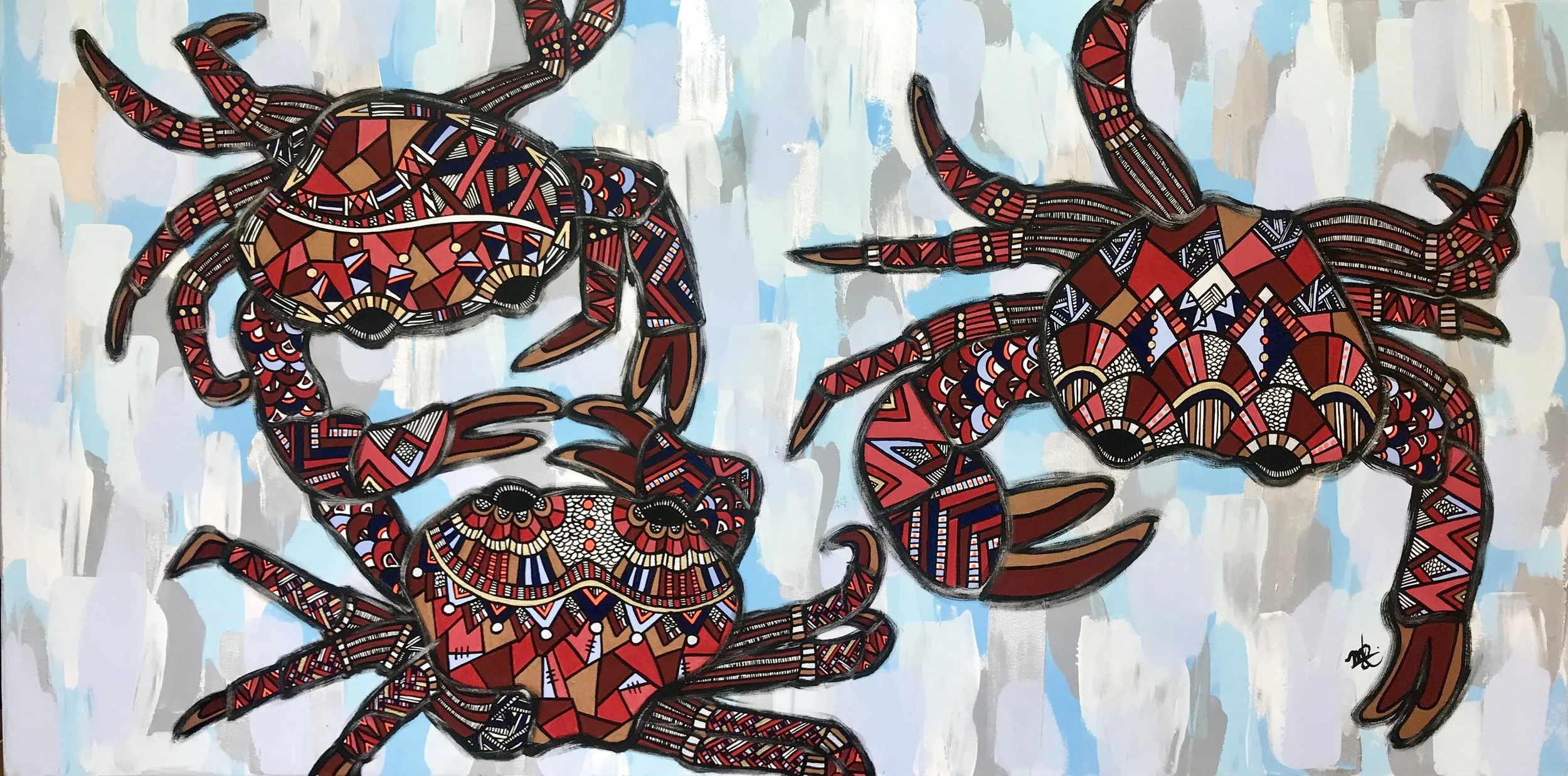 Colorful abstract painting of three crabs with intricate red, black, white, and brown patterns against a background of white and light blue brushstrokes.