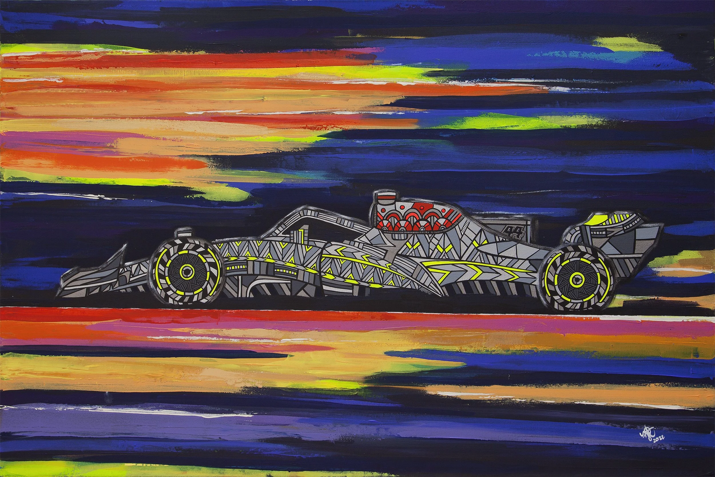 Abstract painting of a race car with neon yellow and gray patterns against a vibrant sunset background with streaks of orange, yellow, purple, and dark blue.