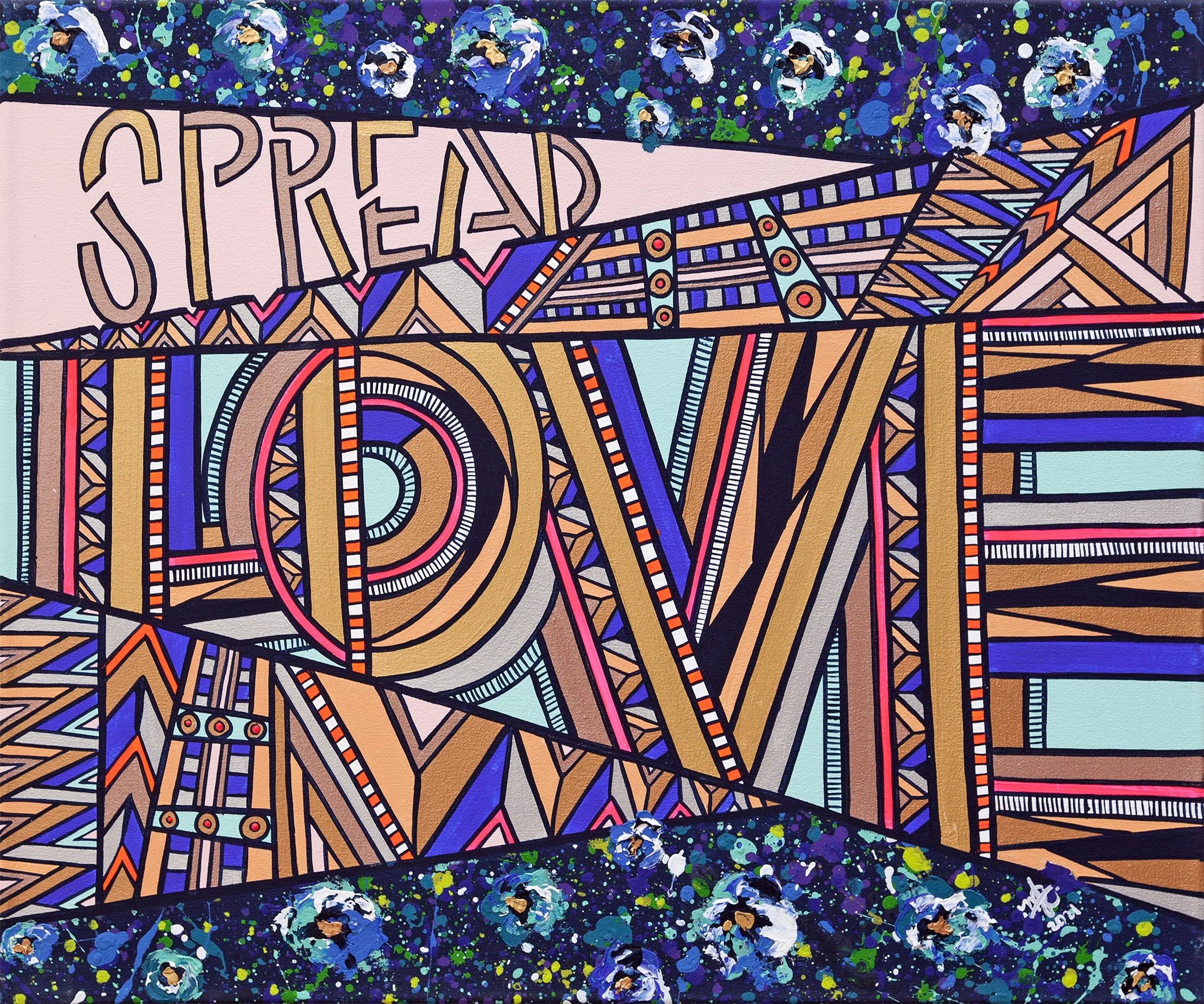 A colorful mural with the word 'LOVE' in large block letters, surrounded by abstract geometric patterns and vibrant splashes of paint, featuring the word 'SPREAD' above